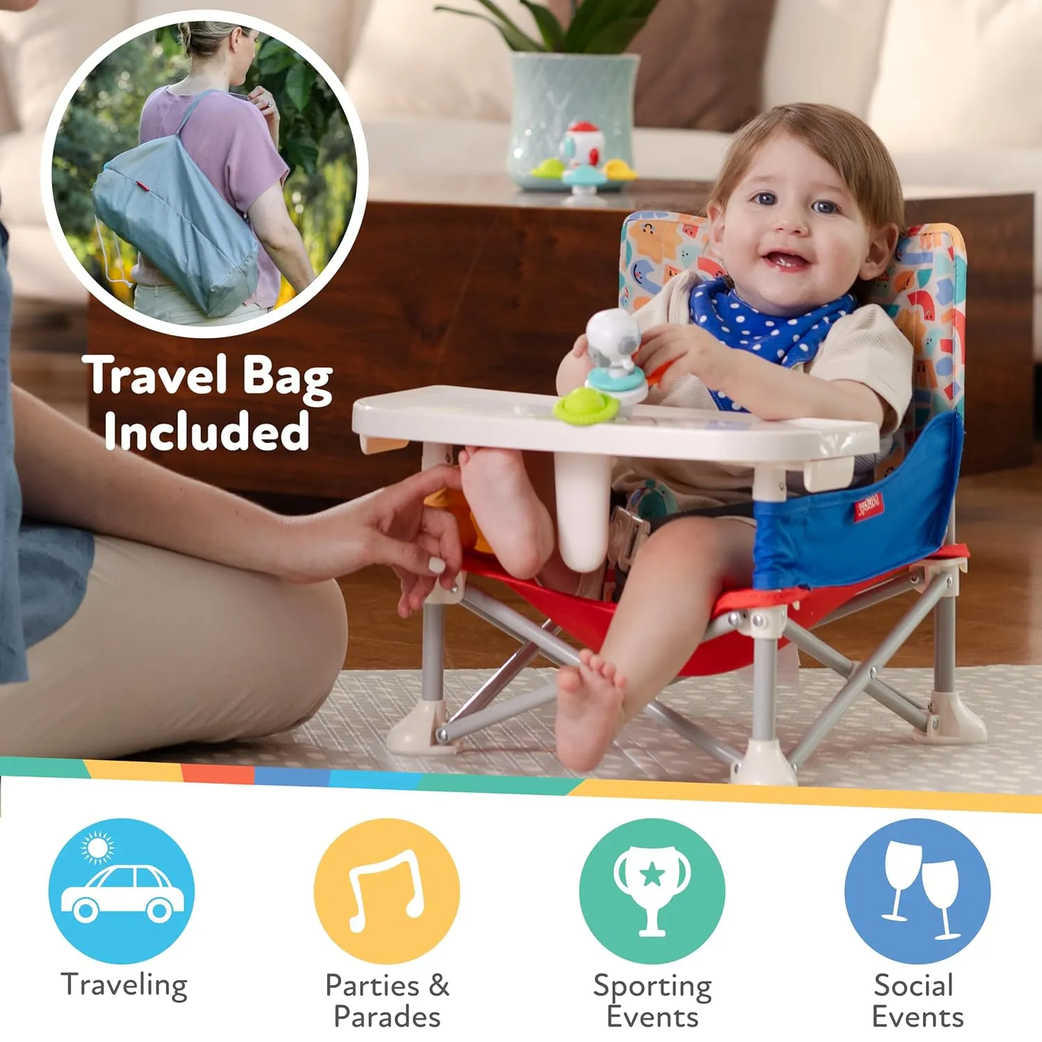 Nuby Easy Go Pop-Up Booster Seat with Removable Tray - 6  Months - Portable Booster Seat for Floor for Indoor/Outdoor Use - 3-Point Safety Adjustable Straps - Includes Travel Bag - Fun Faces