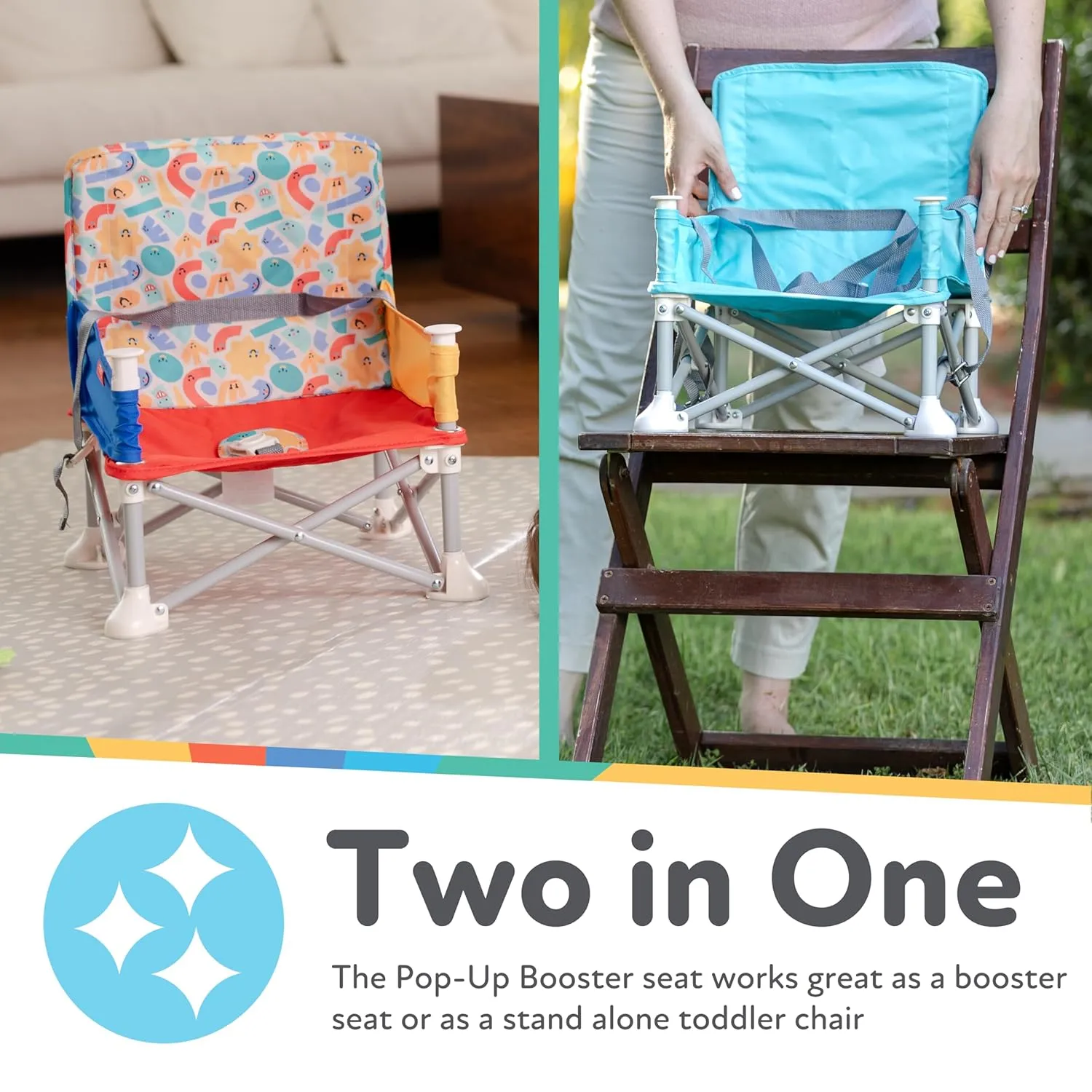 Nuby Easy Go Pop-Up Booster Seat with Removable Tray - 6  Months - Portable Booster Seat for Floor for Indoor/Outdoor Use - 3-Point Safety Adjustable Straps - Includes Travel Bag - Fun Faces