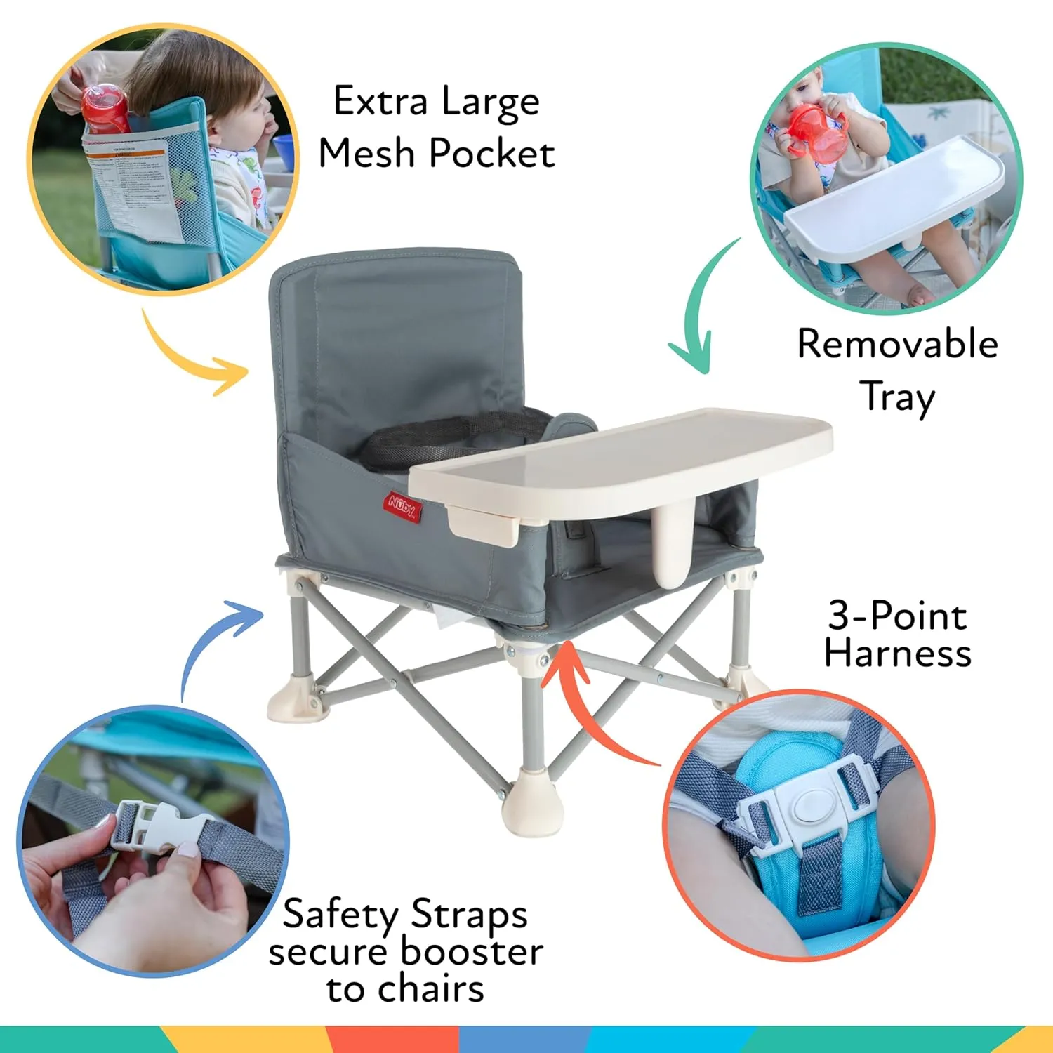 Nuby Easy Go Pop-Up Booster Seat with Removable Tray - 6  Months - Portable Booster Seat for Floor for Indoor/Outdoor Use - 3-Point Safety Adjustable Straps - Includes Travel Bag - Gray