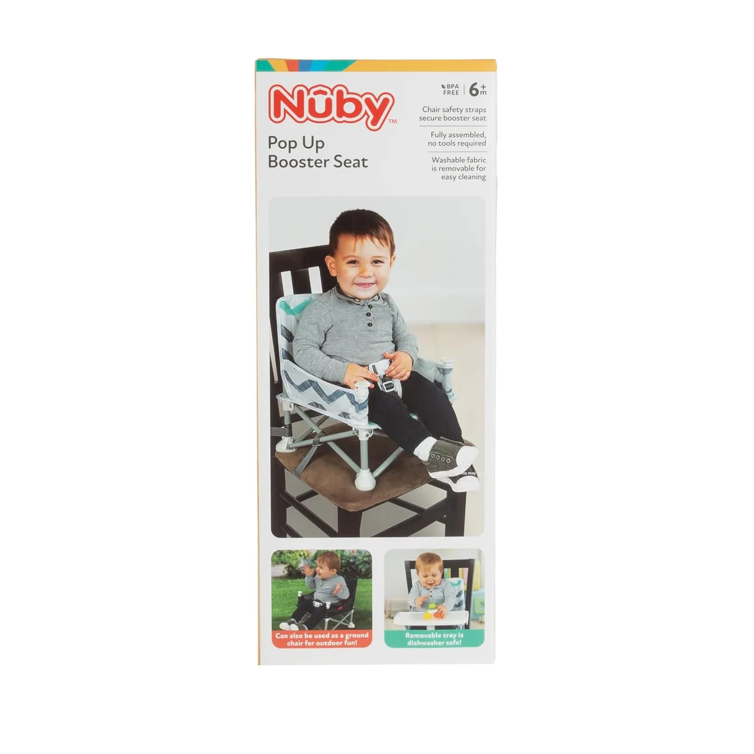 Nuby Easy Go Pop-Up Booster Seat with Removable Tray - 6  Months - Portable Booster Seat for Floor for Indoor/Outdoor Use - 3-Point Safety Adjustable Straps - Includes Travel Bag - Gray