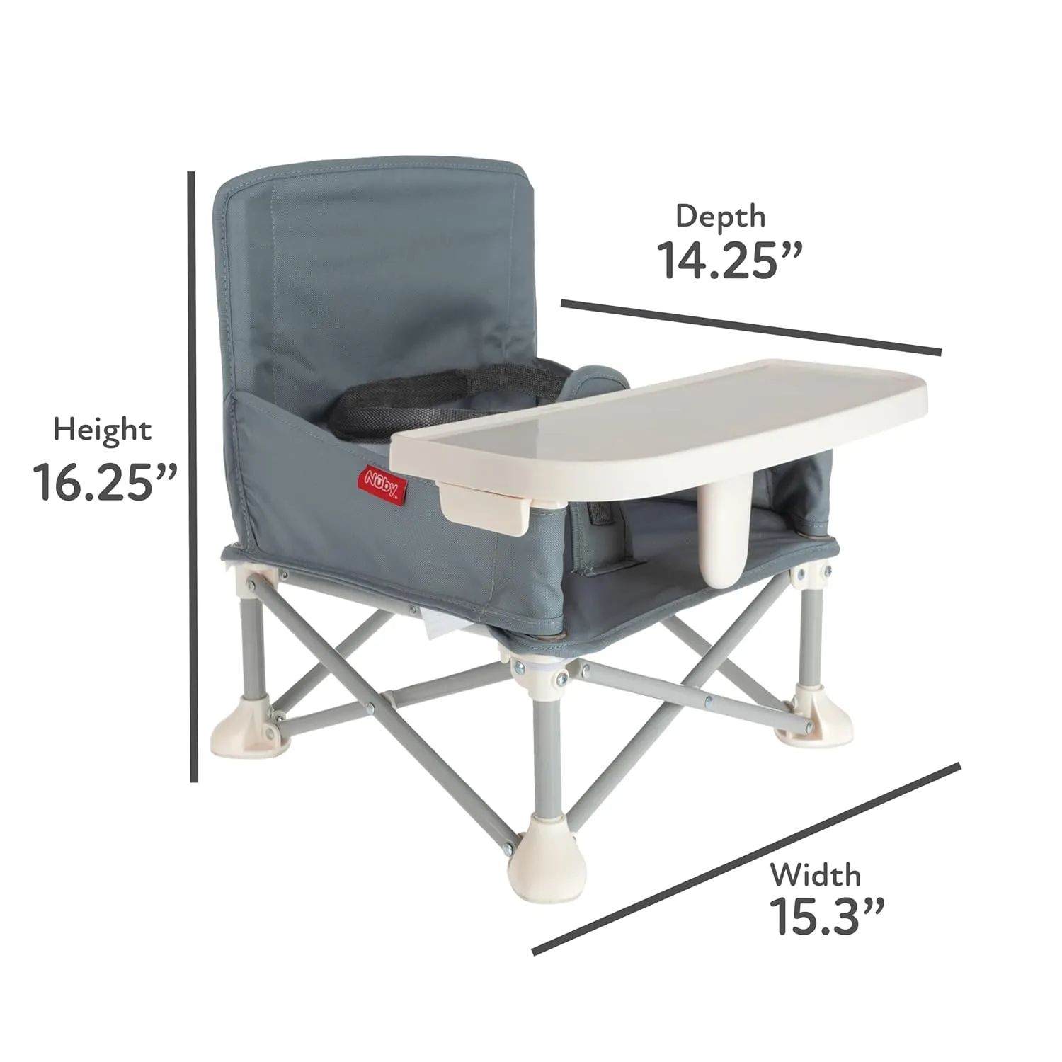 Nuby Easy Go Pop-Up Booster Seat with Removable Tray - 6  Months - Portable Booster Seat for Floor for Indoor/Outdoor Use - 3-Point Safety Adjustable Straps - Includes Travel Bag - Gray