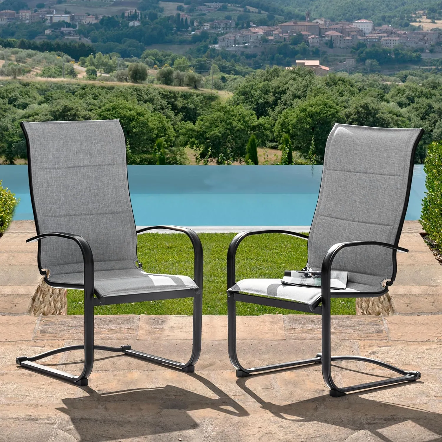 NUU GARDEN Patio Dining Chairs Set of 2, All Weather Outdoor Padded Textilene Patio Chairs, Breathable Spring Motion Textile High Back Outdoor Dining Chairs for Backyard, Lawn, Deck, Gray