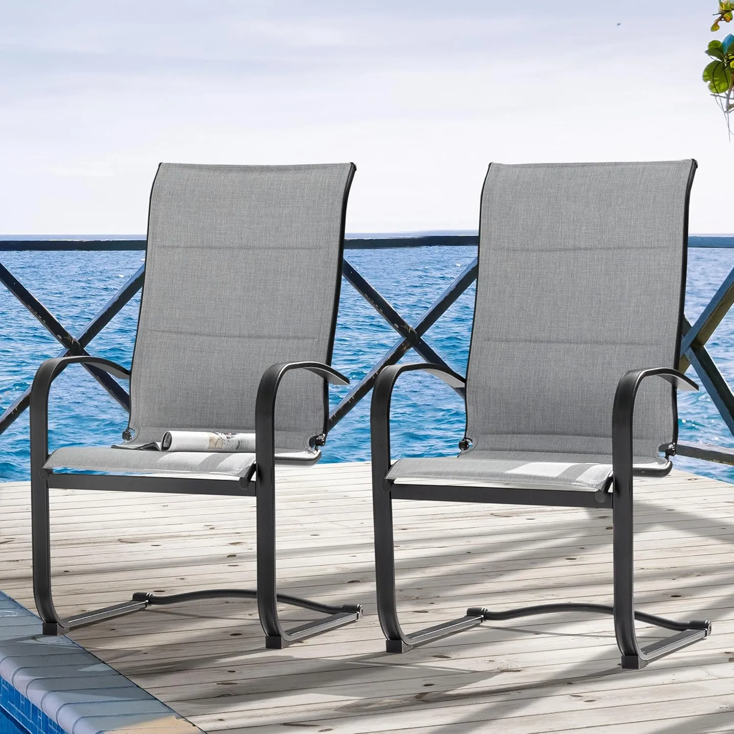 NUU GARDEN Patio Dining Chairs Set of 2, All Weather Outdoor Padded Textilene Patio Chairs, Breathable Spring Motion Textile High Back Outdoor Dining Chairs for Backyard, Lawn, Deck, Gray