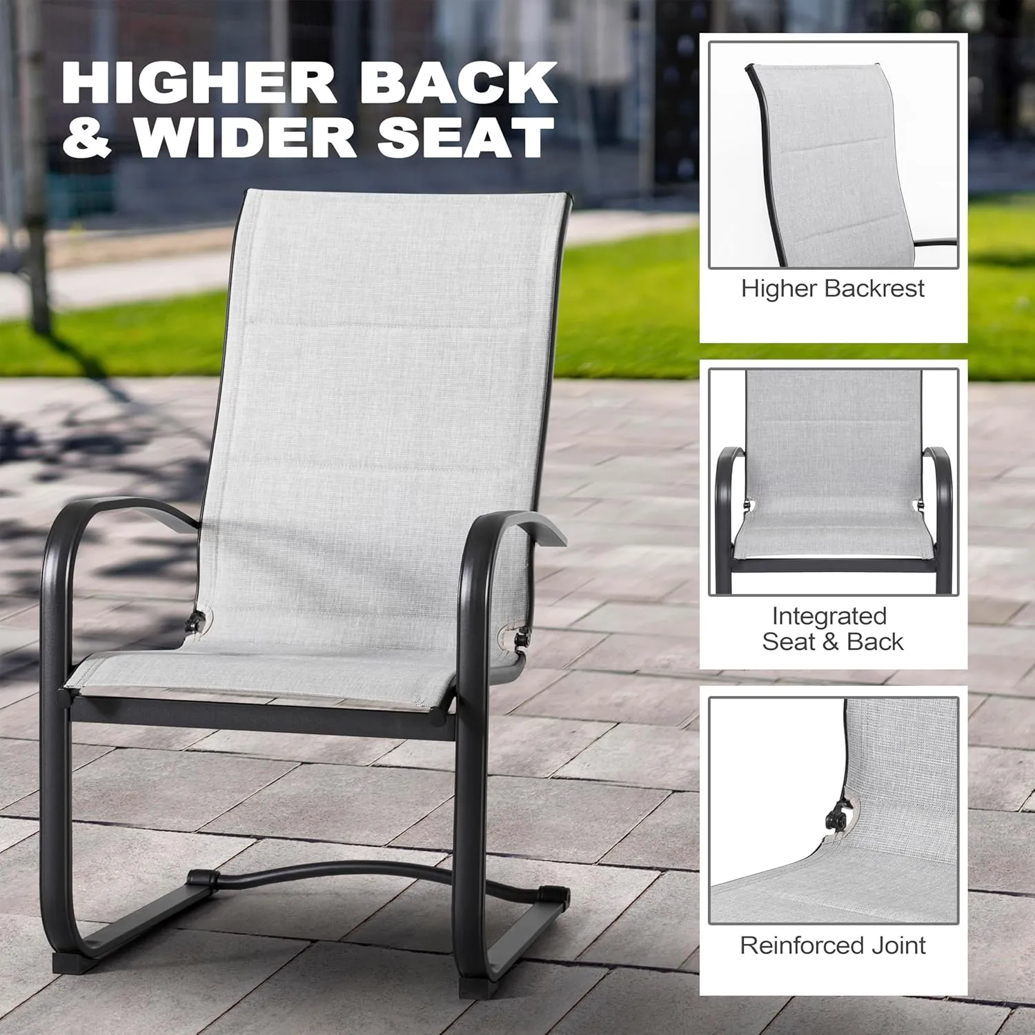 NUU GARDEN Patio Dining Chairs Set of 2, All Weather Outdoor Padded Textilene Patio Chairs, Breathable Spring Motion Textile High Back Outdoor Dining Chairs for Backyard, Lawn, Deck, Gray