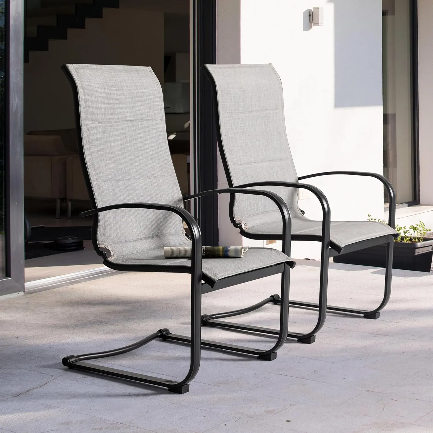 NUU GARDEN Patio Dining Chairs Set of 2, All Weather Outdoor Padded Textilene Patio Chairs, Breathable Spring Motion Textile High Back Outdoor Dining Chairs for Backyard, Lawn, Deck, Gray