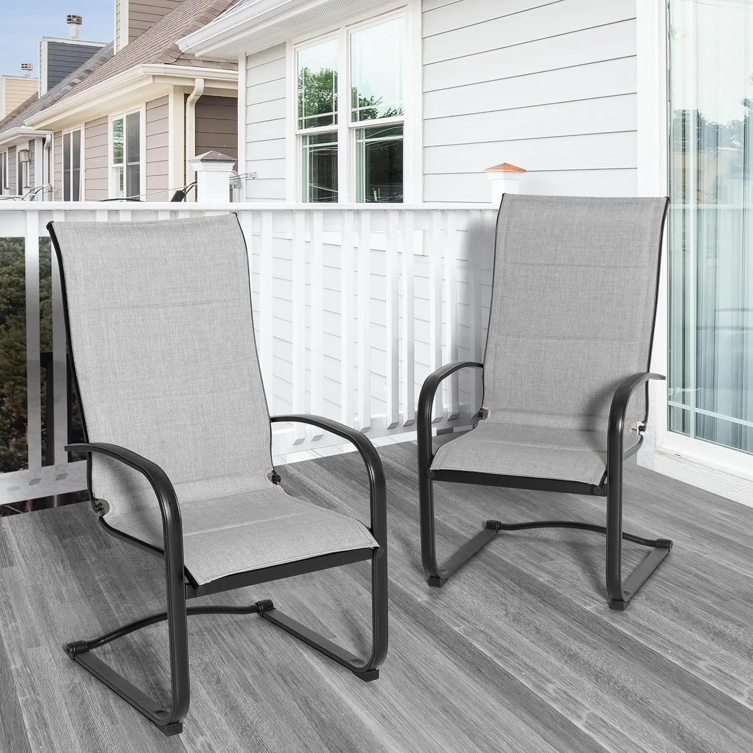 NUU GARDEN Patio Dining Chairs Set of 2, All Weather Outdoor Padded Textilene Patio Chairs, Breathable Spring Motion Textile High Back Outdoor Dining Chairs for Backyard, Lawn, Deck, Gray