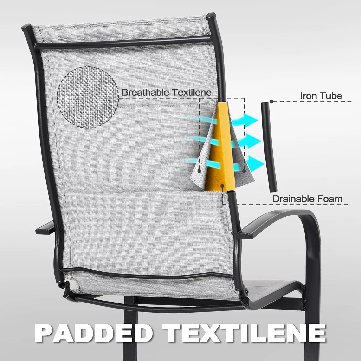 NUU GARDEN Patio Dining Chairs Set of 2, All Weather Outdoor Padded Textilene Patio Chairs, Breathable Spring Motion Textile High Back Outdoor Dining Chairs for Backyard, Lawn, Deck, Gray