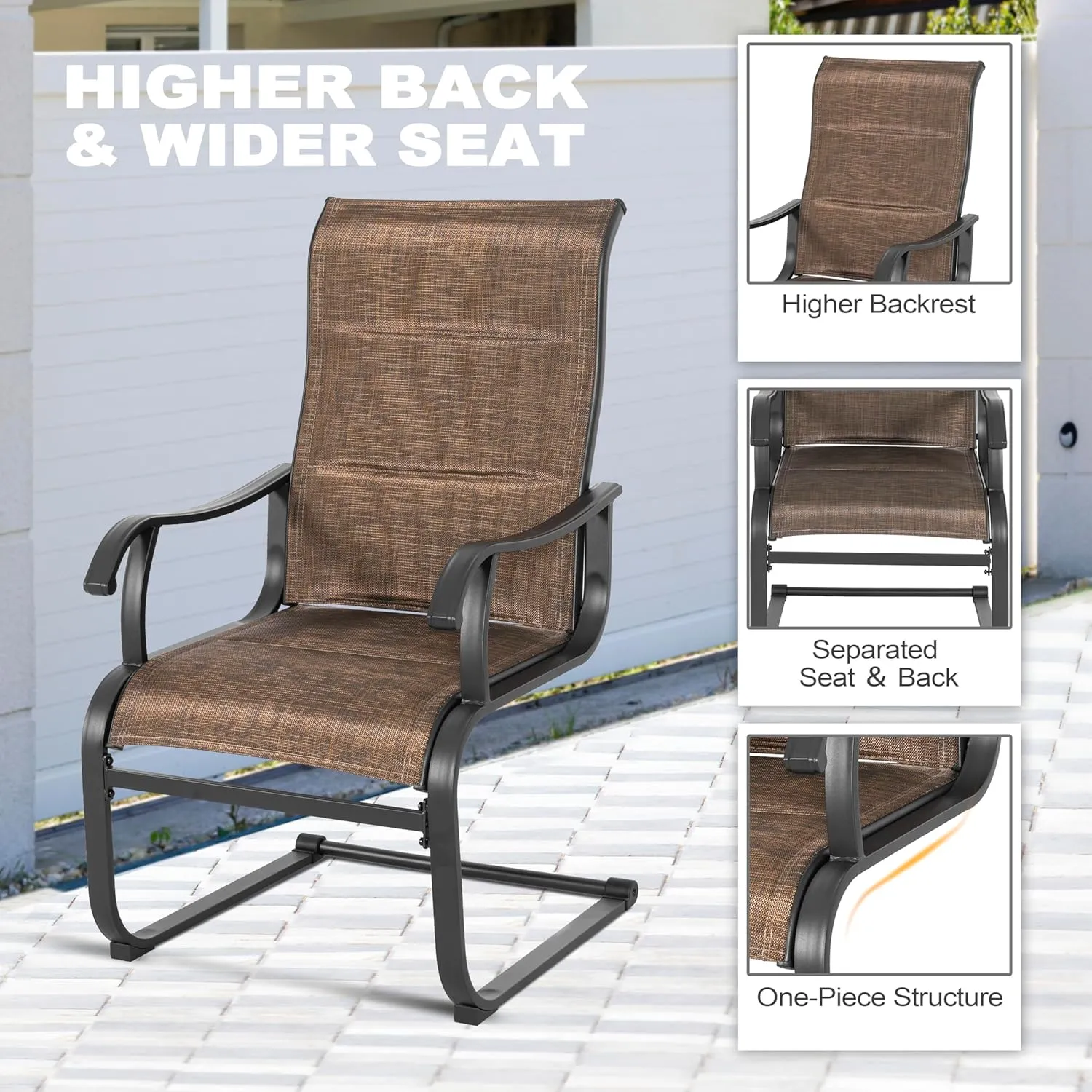 NUU GARDEN Patio Dining Chairs Set of 4, All Weather Outdoor Padded Textilene Patio Chairs, Breathable Spring Motion Textile High Back Outdoor Dining Chairs for Backyard, Lawn, Deck, Brown