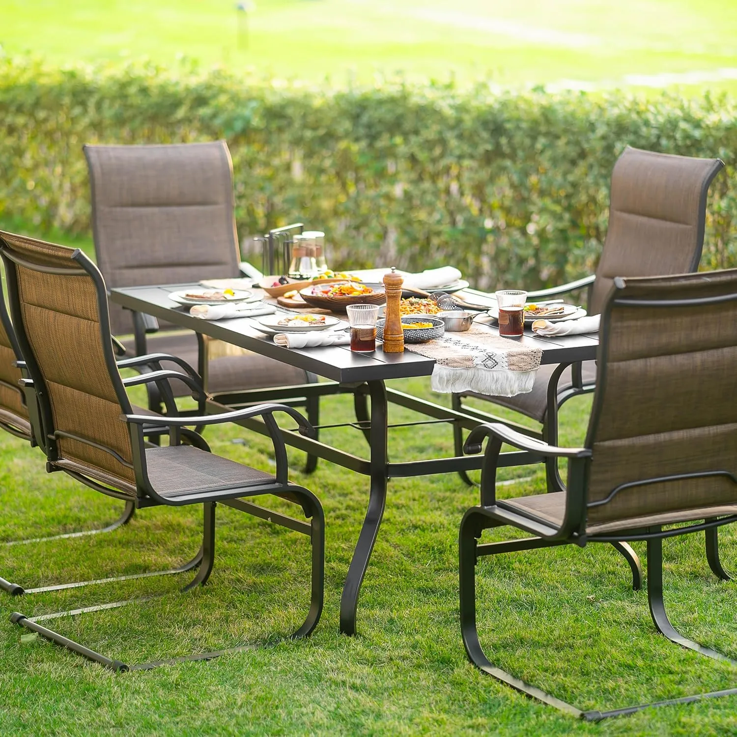 NUU GARDEN Patio Dining Chairs Set of 4, All Weather Outdoor Padded Textilene Patio Chairs, Breathable Spring Motion Textile High Back Outdoor Dining Chairs for Backyard, Lawn, Deck, Brown