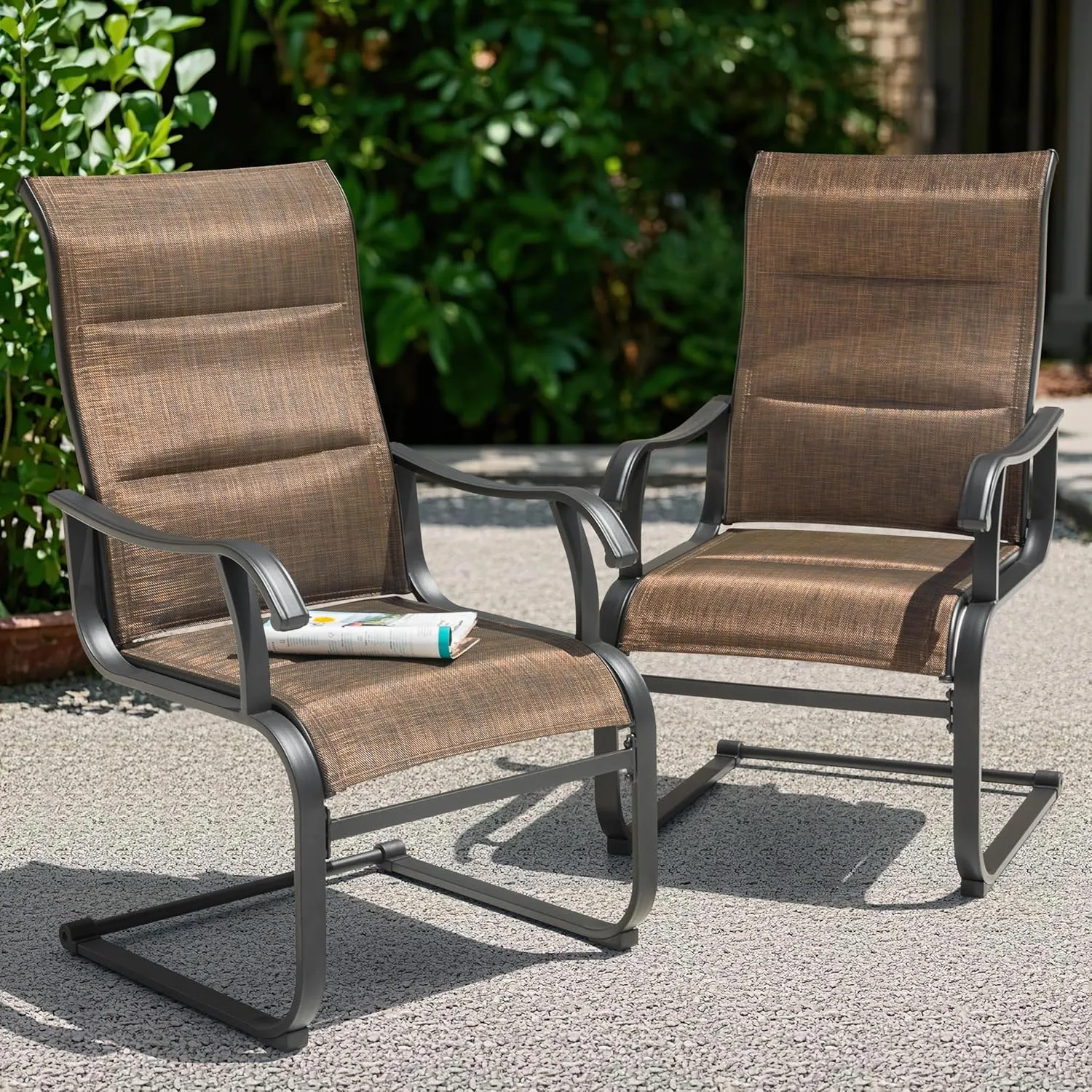 NUU GARDEN Patio Dining Chairs Set of 4, All Weather Outdoor Padded Textilene Patio Chairs, Breathable Spring Motion Textile High Back Outdoor Dining Chairs for Backyard, Lawn, Deck, Brown