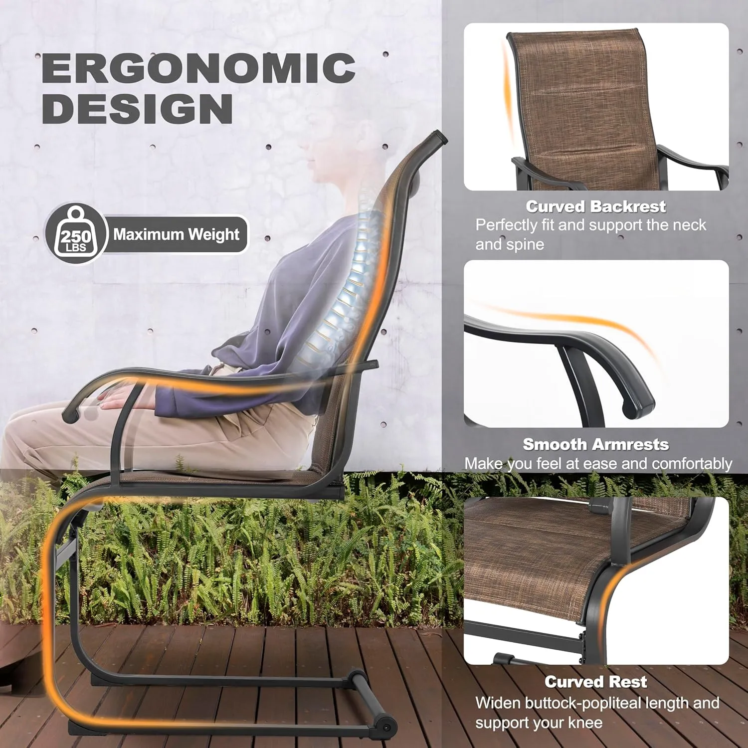 NUU GARDEN Patio Dining Chairs Set of 4, All Weather Outdoor Padded Textilene Patio Chairs, Breathable Spring Motion Textile High Back Outdoor Dining Chairs for Backyard, Lawn, Deck, Brown