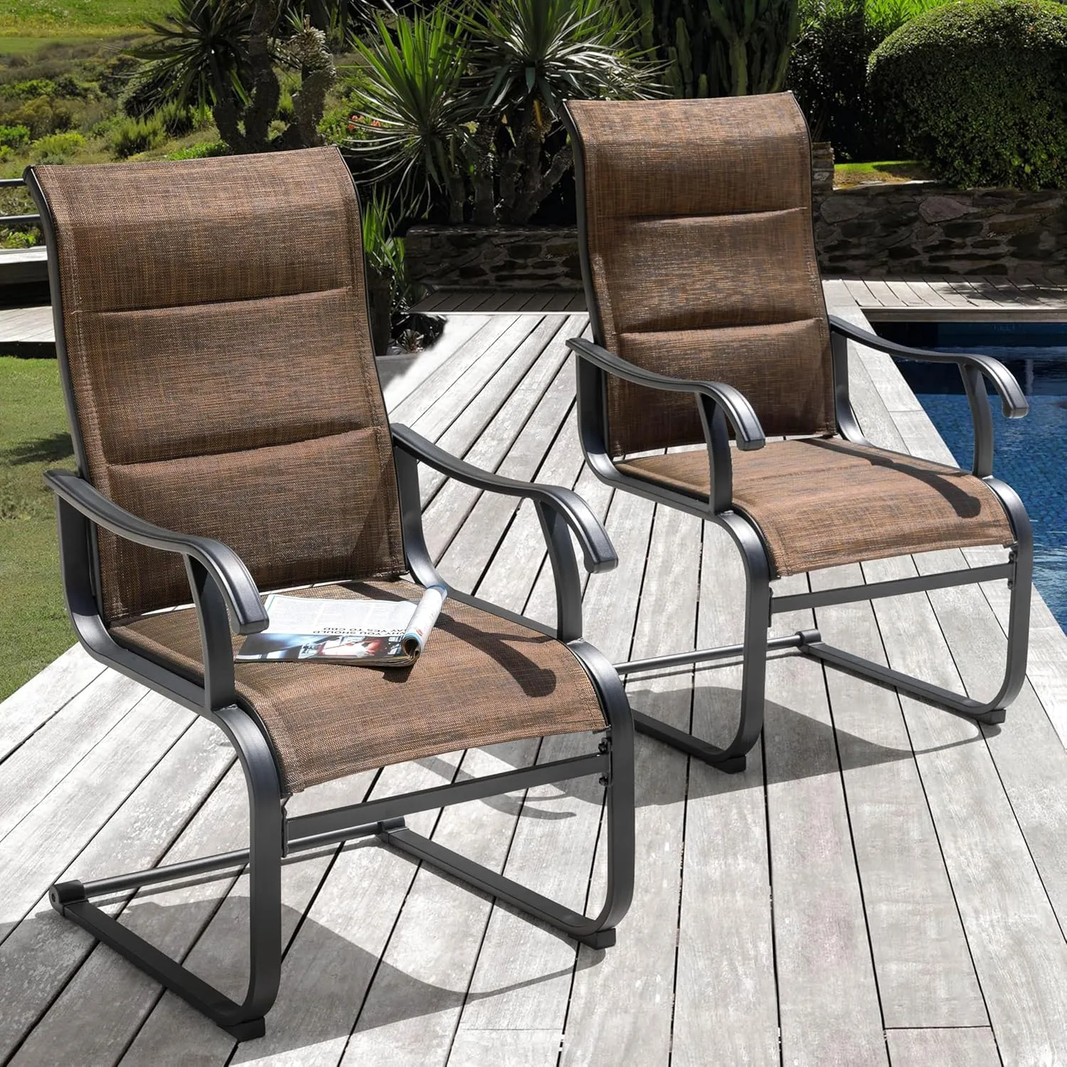 NUU GARDEN Patio Dining Chairs Set of 4, All Weather Outdoor Padded Textilene Patio Chairs, Breathable Spring Motion Textile High Back Outdoor Dining Chairs for Backyard, Lawn, Deck, Brown