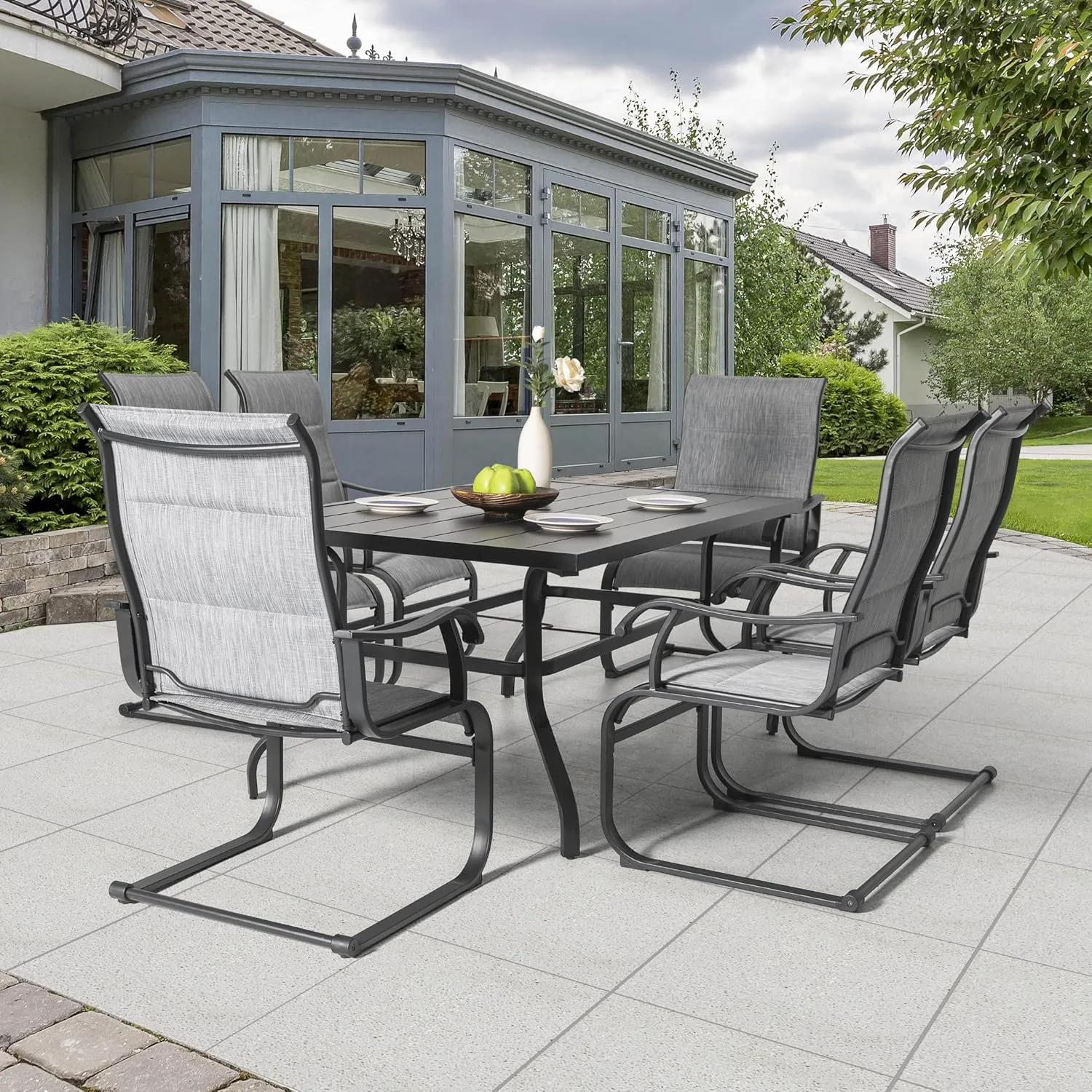 NUU GARDEN Patio Dining Chairs Set of 4, All Weather Outdoor Padded Textilene Patio Chairs, Breathable Spring Motion Textile High Back Outdoor Dining Chairs for Backyard, Lawn, Deck, Grey
