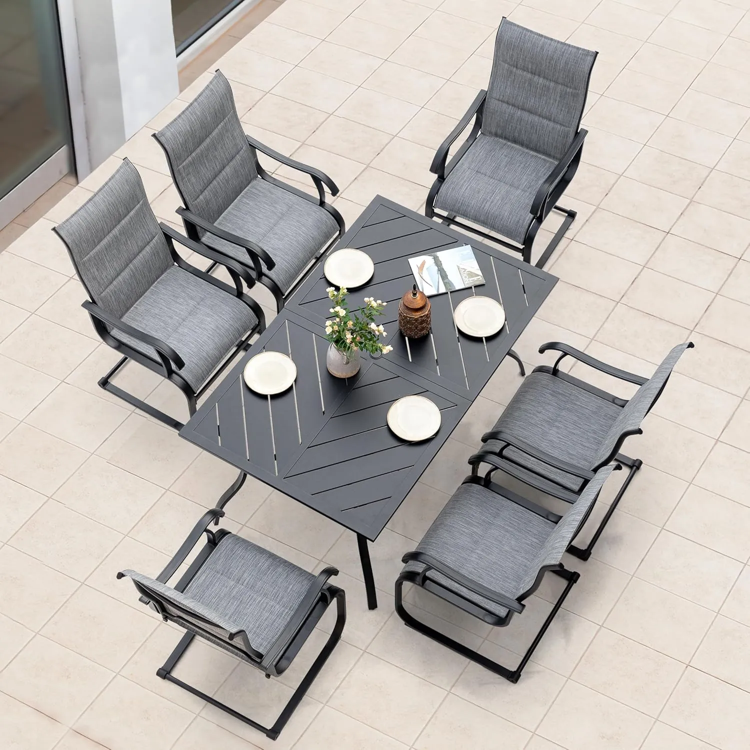 NUU GARDEN Patio Dining Chairs Set of 4, All Weather Outdoor Padded Textilene Patio Chairs, Breathable Spring Motion Textile High Back Outdoor Dining Chairs for Backyard, Lawn, Deck, Grey
