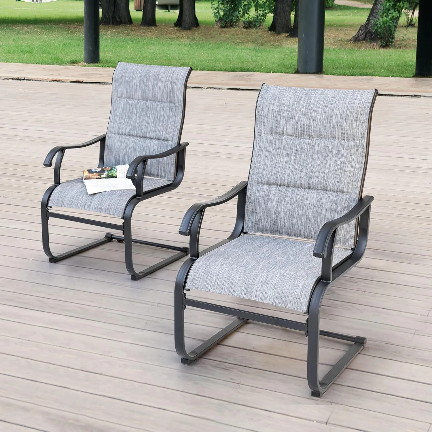 NUU GARDEN Patio Dining Chairs Set of 4, All Weather Outdoor Padded Textilene Patio Chairs, Breathable Spring Motion Textile High Back Outdoor Dining Chairs for Backyard, Lawn, Deck, Grey