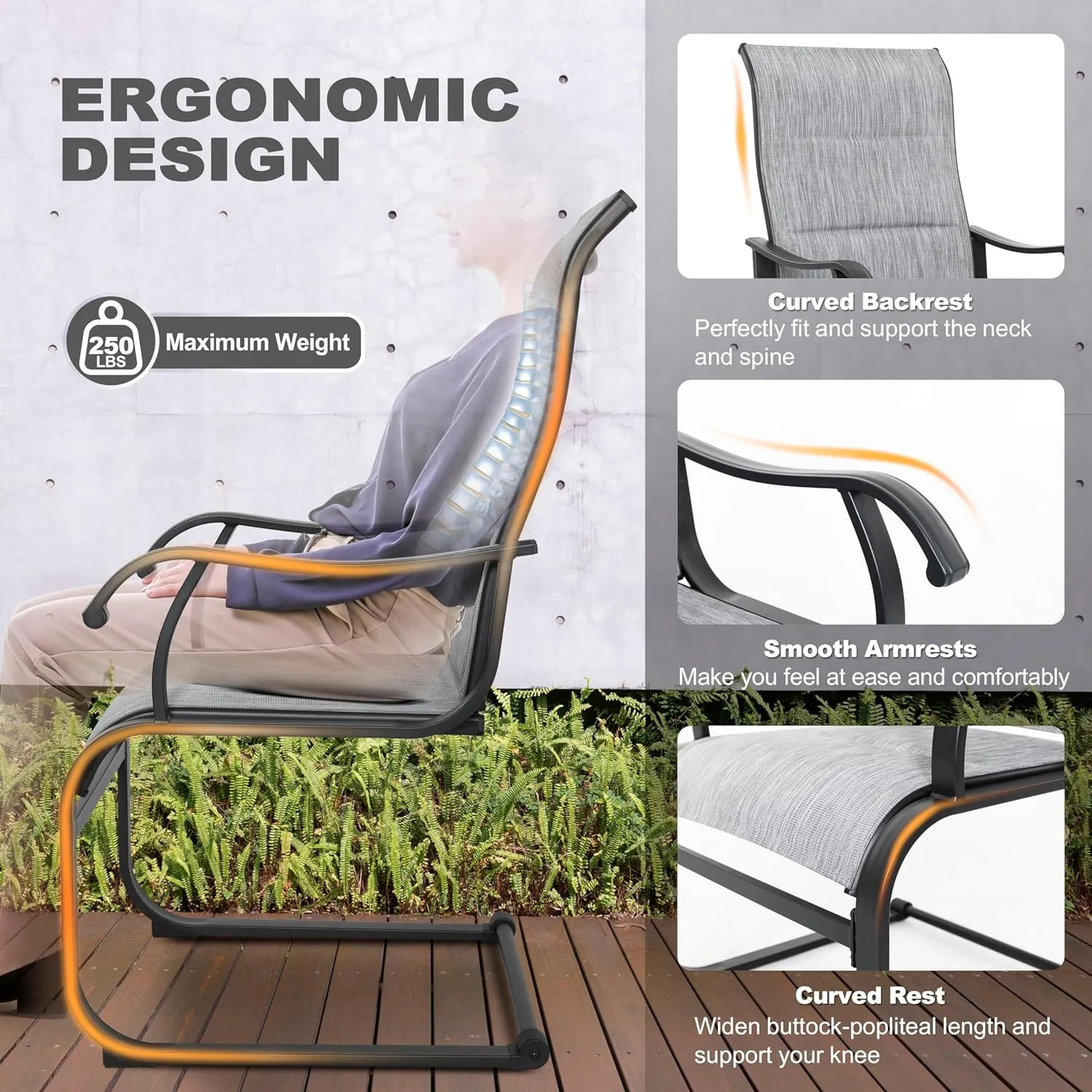 NUU GARDEN Patio Dining Chairs Set of 4, All Weather Outdoor Padded Textilene Patio Chairs, Breathable Spring Motion Textile High Back Outdoor Dining Chairs for Backyard, Lawn, Deck, Grey