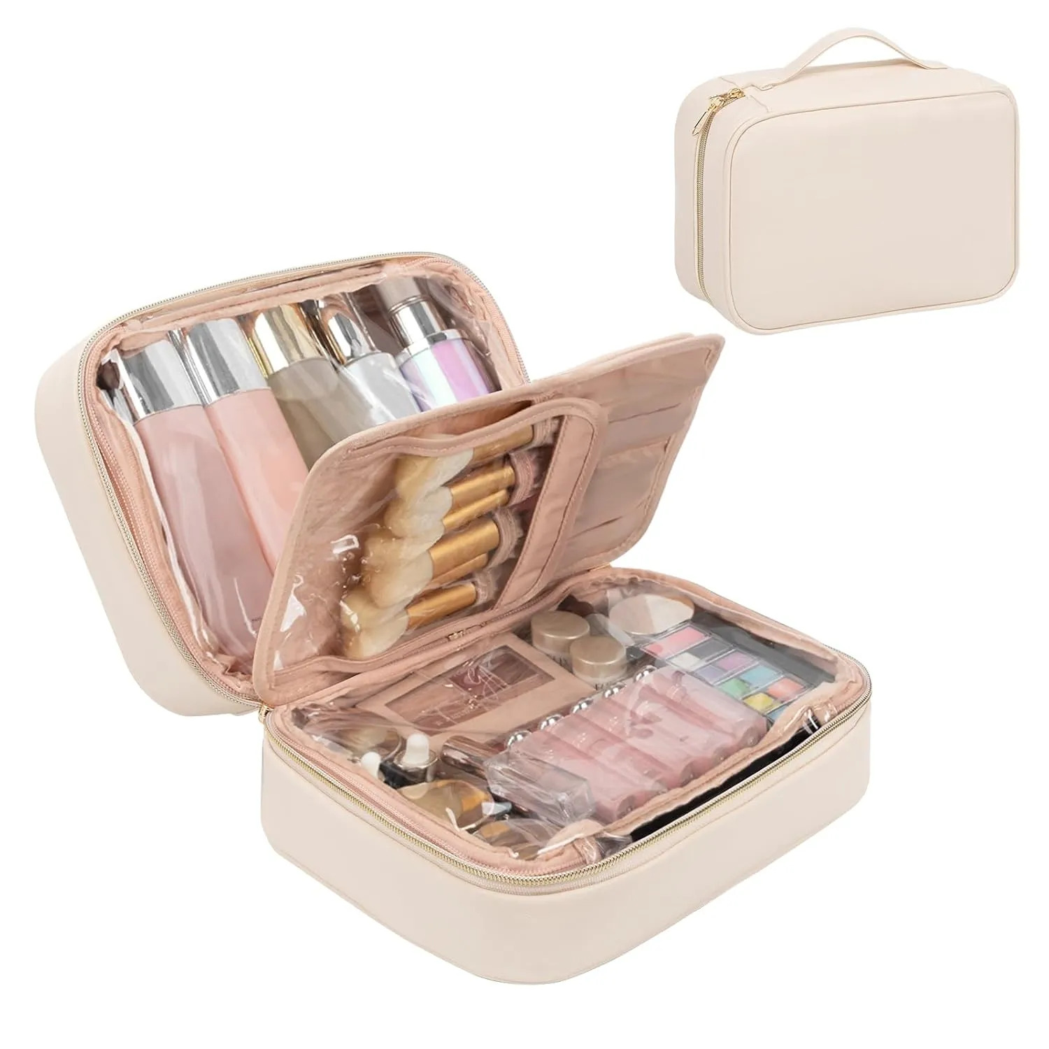 OCHEAL Makeup Bag, Make up Travel Bag Large Capacity Waterproof Cosmetic Organizer Bag with Makeup Brush Compartment & Handle for Women Girls Travel Toiletry Accessories-Beige