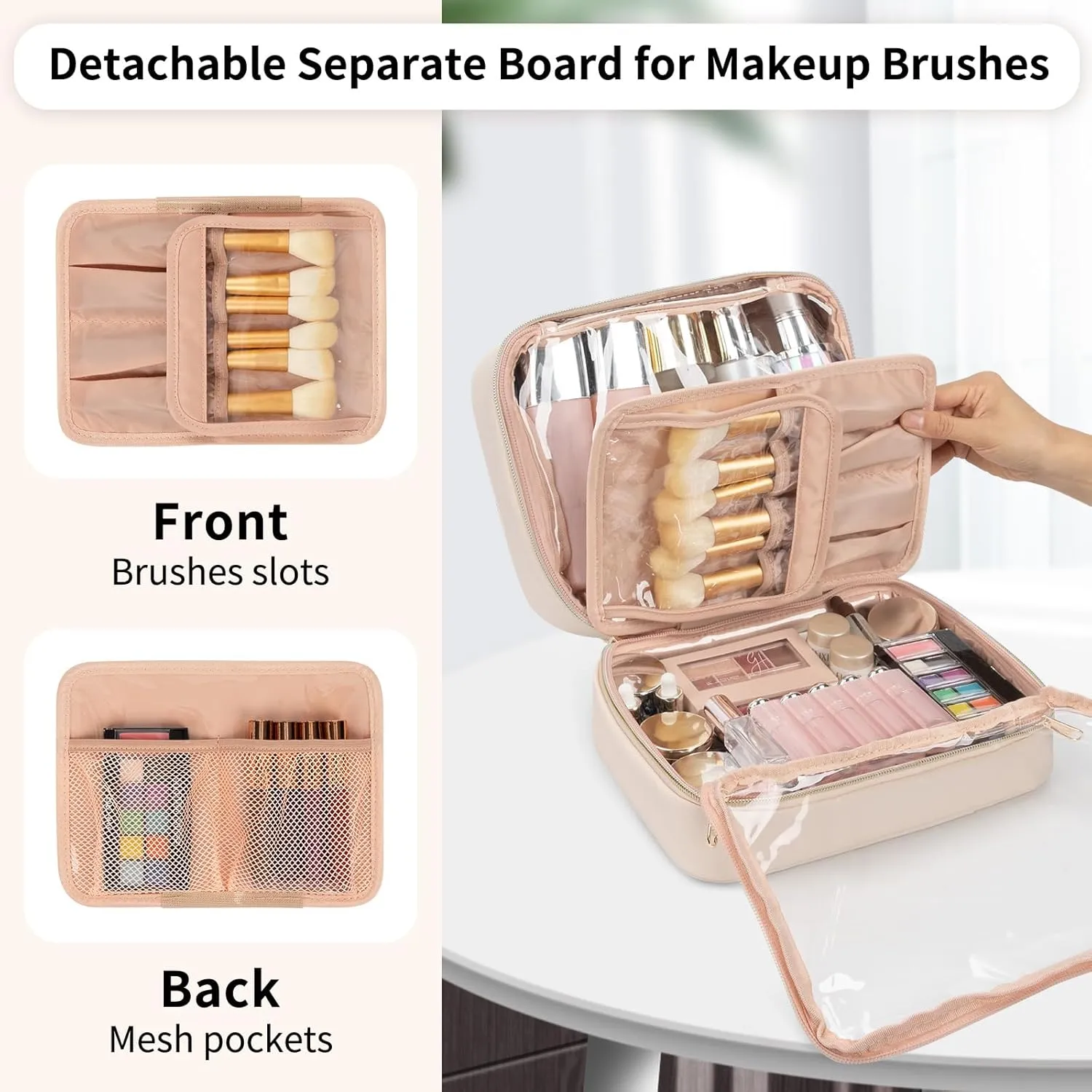 OCHEAL Makeup Bag, Make up Travel Bag Large Capacity Waterproof Cosmetic Organizer Bag with Makeup Brush Compartment & Handle for Women Girls Travel Toiletry Accessories-Beige