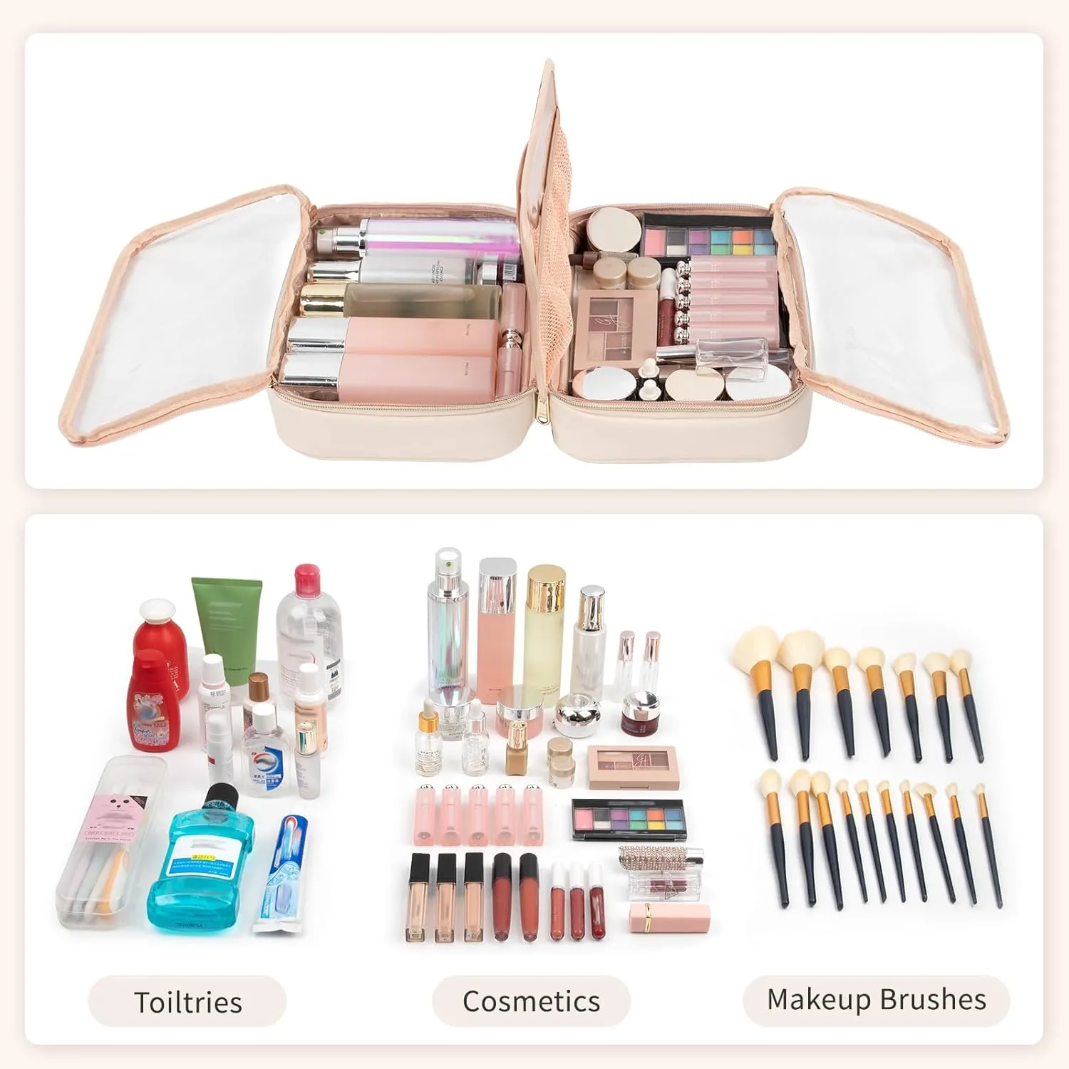 OCHEAL Makeup Bag, Make up Travel Bag Large Capacity Waterproof Cosmetic Organizer Bag with Makeup Brush Compartment & Handle for Women Girls Travel Toiletry Accessories-Beige