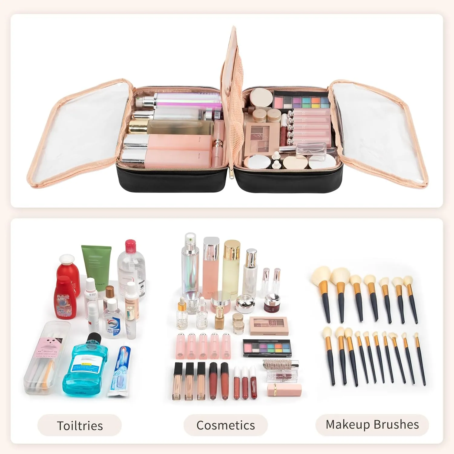 OCHEAL Makeup Bag, Makeup Travel Bag Large Capacity Waterproof Cosmetic Organizer Bag with Makeup Brush Compartment & Handle for Women Girls Travel Toiletry Accessories-Black