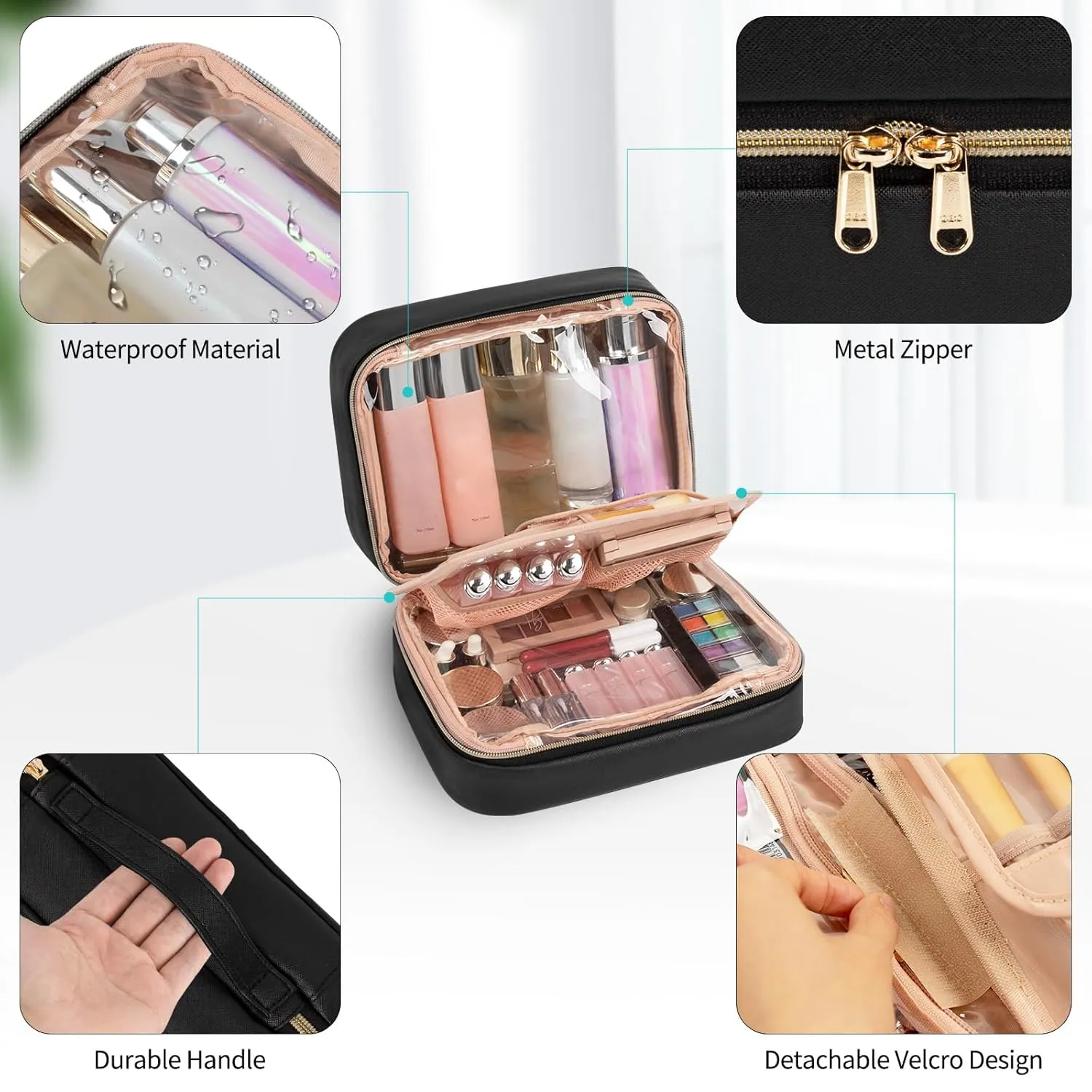 OCHEAL Makeup Bag, Makeup Travel Bag Large Capacity Waterproof Cosmetic Organizer Bag with Makeup Brush Compartment & Handle for Women Girls Travel Toiletry Accessories-Black
