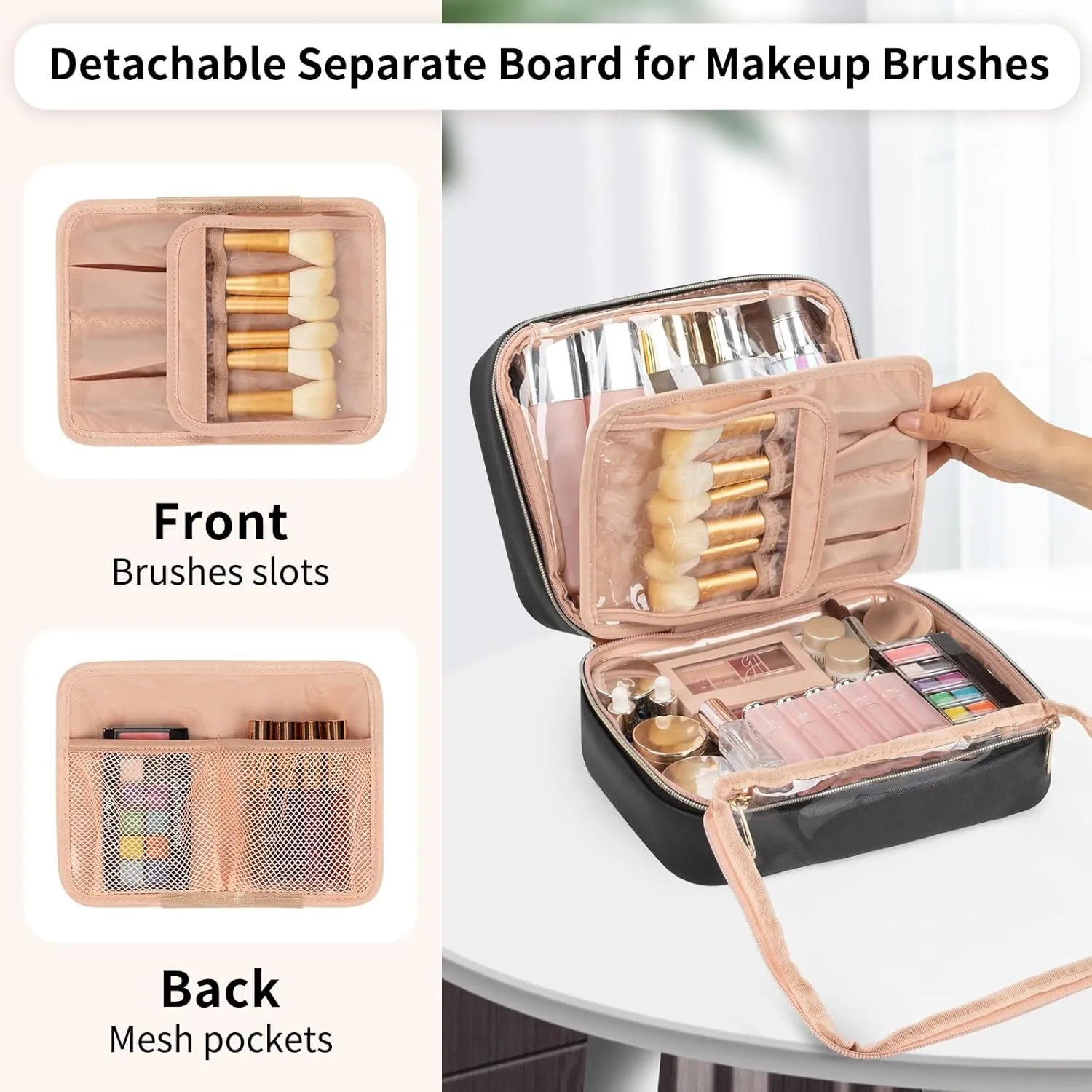 OCHEAL Makeup Bag, Makeup Travel Bag Large Capacity Waterproof Cosmetic Organizer Bag with Makeup Brush Compartment & Handle for Women Girls Travel Toiletry Accessories-Black