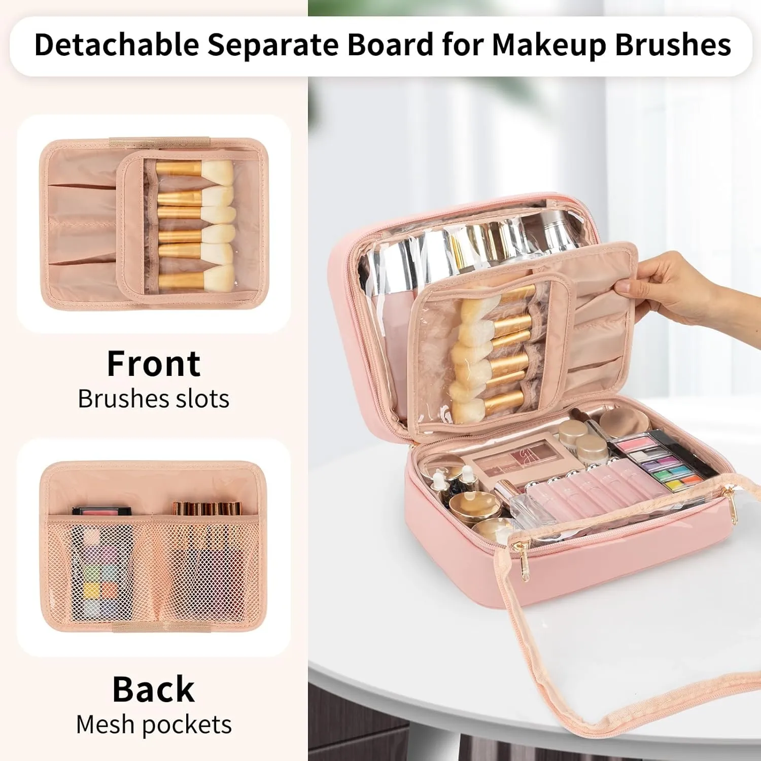 OCHEAL Makeup Bag, Makeup Travel Bag Large Capacity Waterproof Cosmetic Organizer Bag with Makeup Brush Compartment & Handle for Women Girls Travel Toiletry Accessories-Pink