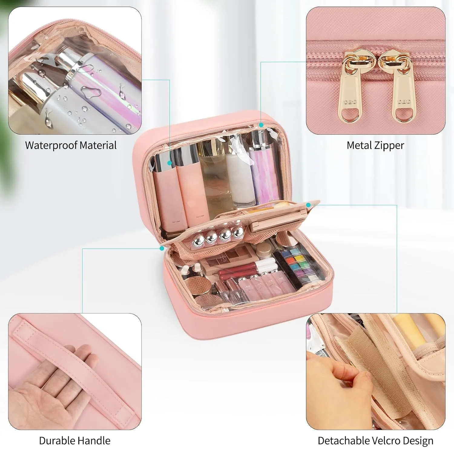 OCHEAL Makeup Bag, Makeup Travel Bag Large Capacity Waterproof Cosmetic Organizer Bag with Makeup Brush Compartment & Handle for Women Girls Travel Toiletry Accessories-Pink