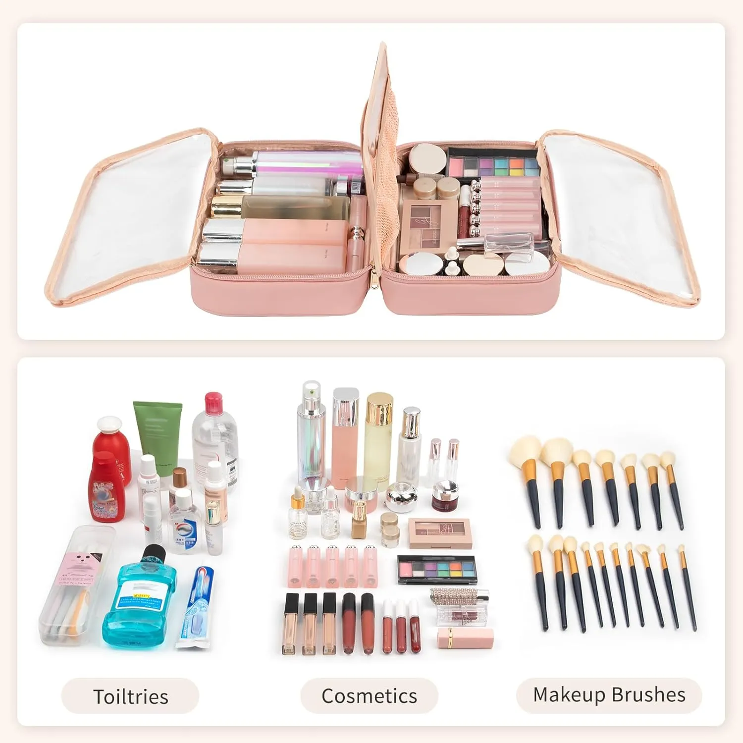OCHEAL Makeup Bag, Makeup Travel Bag Large Capacity Waterproof Cosmetic Organizer Bag with Makeup Brush Compartment & Handle for Women Girls Travel Toiletry Accessories-Pink