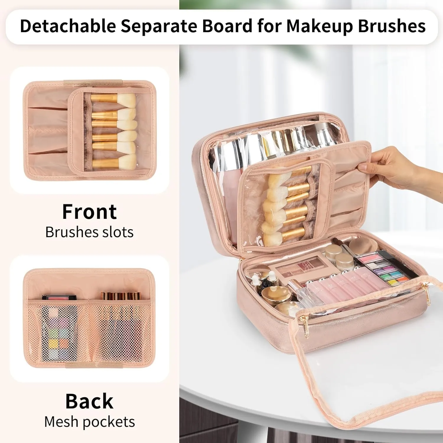 OCHEAL Makeup Bag, Makeup Travel Bag Large Capacity Waterproof Cosmetic Organizer with Makeup Brush Compartment & Handle for Women Girls Travel Toiletry Accessories-Rose Gold