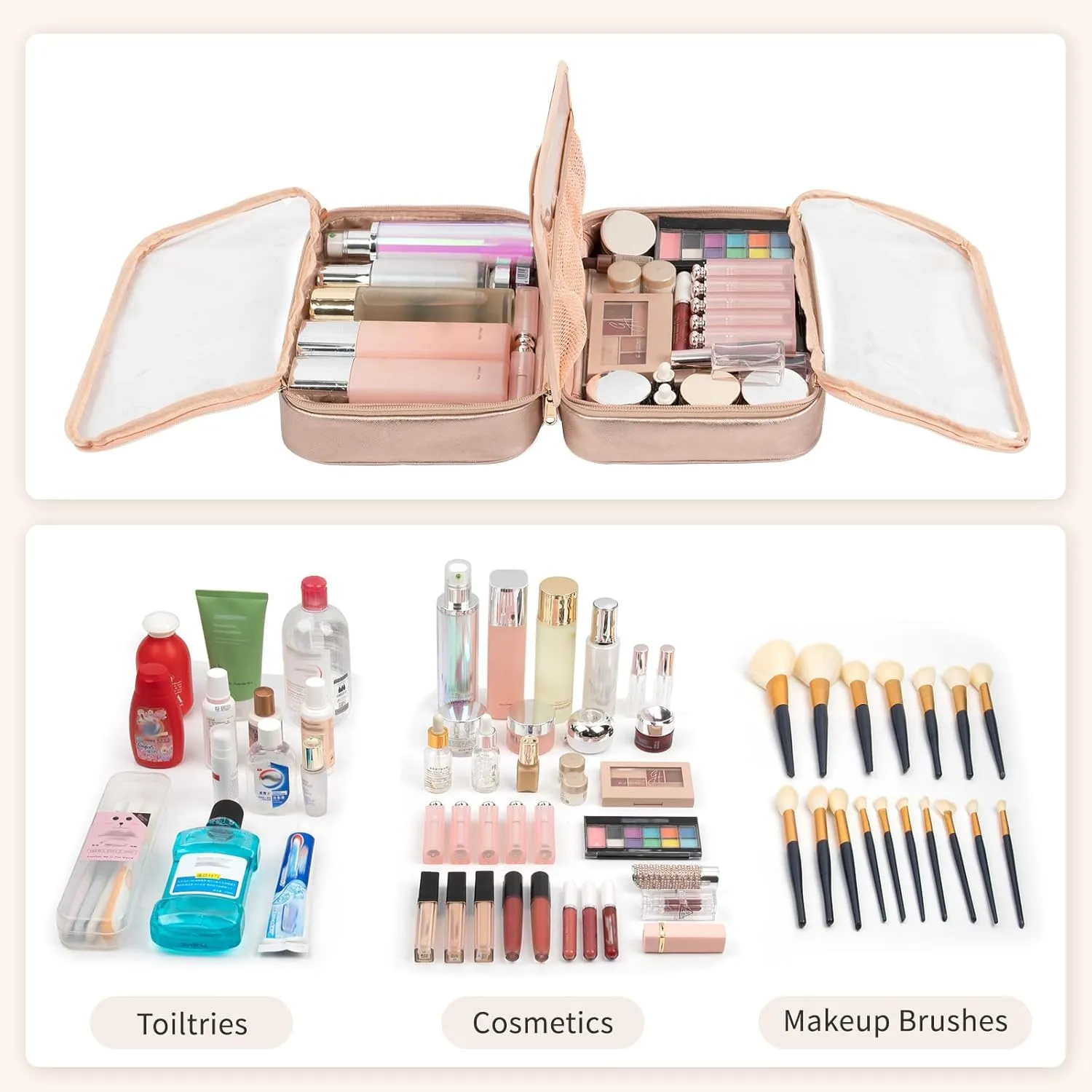 OCHEAL Makeup Bag, Makeup Travel Bag Large Capacity Waterproof Cosmetic Organizer with Makeup Brush Compartment & Handle for Women Girls Travel Toiletry Accessories-Rose Gold