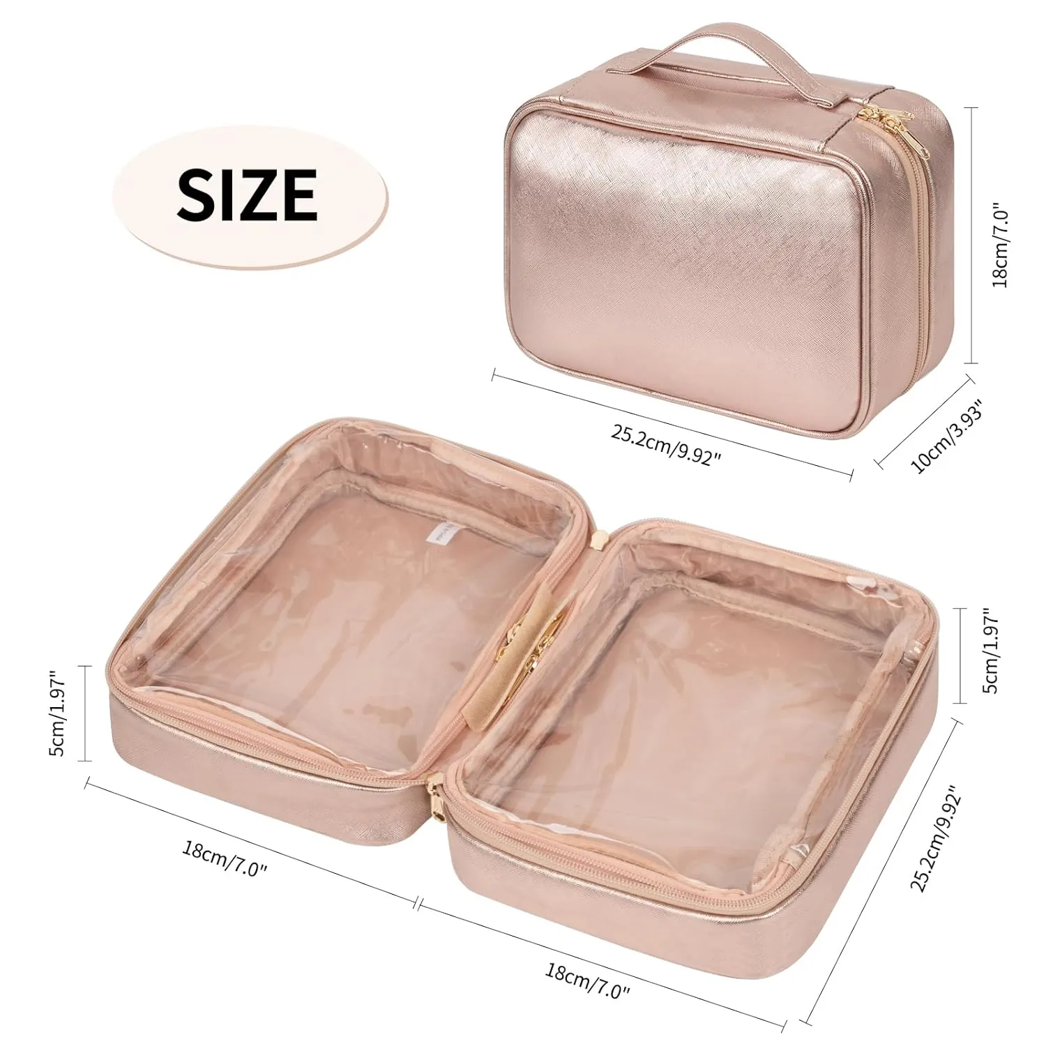 OCHEAL Makeup Bag, Makeup Travel Bag Large Capacity Waterproof Cosmetic Organizer with Makeup Brush Compartment & Handle for Women Girls Travel Toiletry Accessories-Rose Gold
