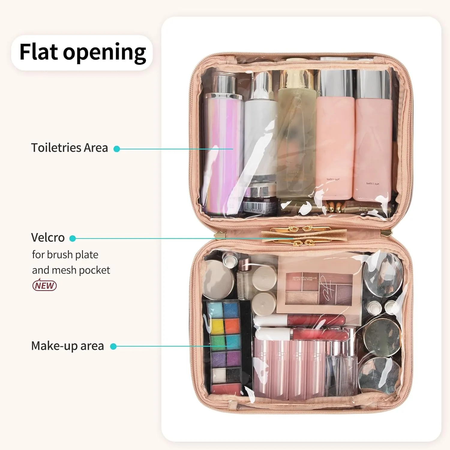 OCHEAL Makeup Bag, Makeup Travel Bag Large Capacity Waterproof Cosmetic Organizer with Makeup Brush Compartment & Handle for Women Girls Travel Toiletry Accessories-Rose Gold
