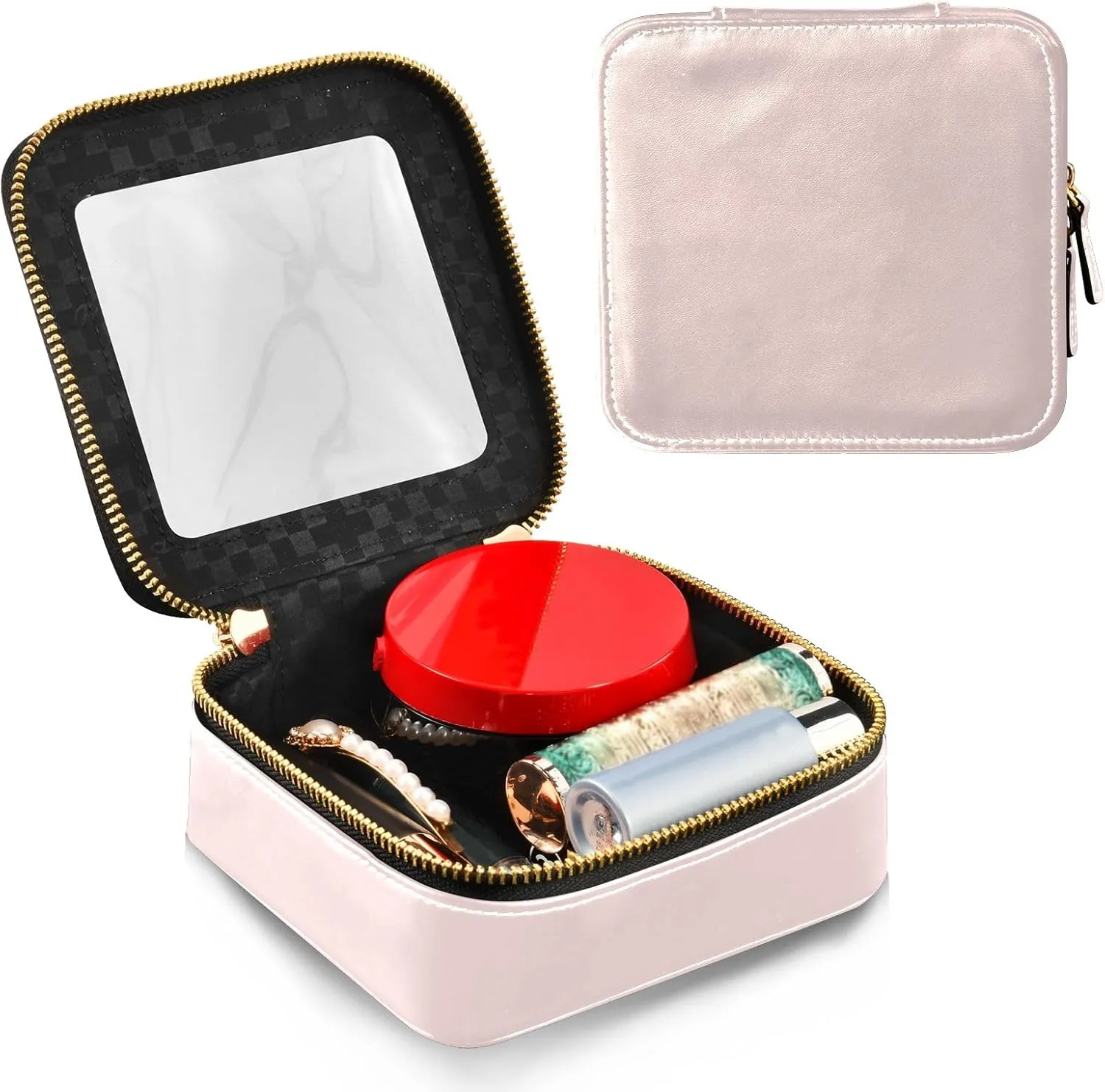 ODAWA Clear Toiletry Bag Misty Rose PU Leather Clear Make up Bag Make Up Organizer Case for Backpack