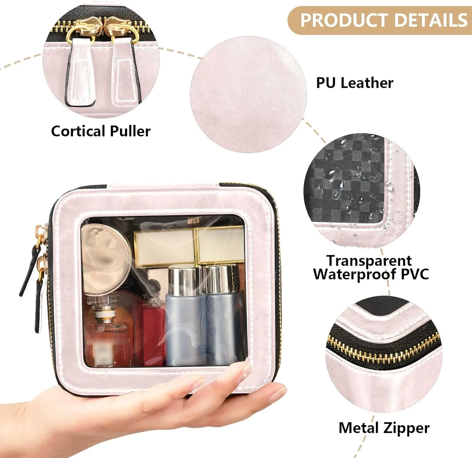 ODAWA Clear Toiletry Bag Misty Rose PU Leather Clear Make up Bag Make Up Organizer Case for Backpack