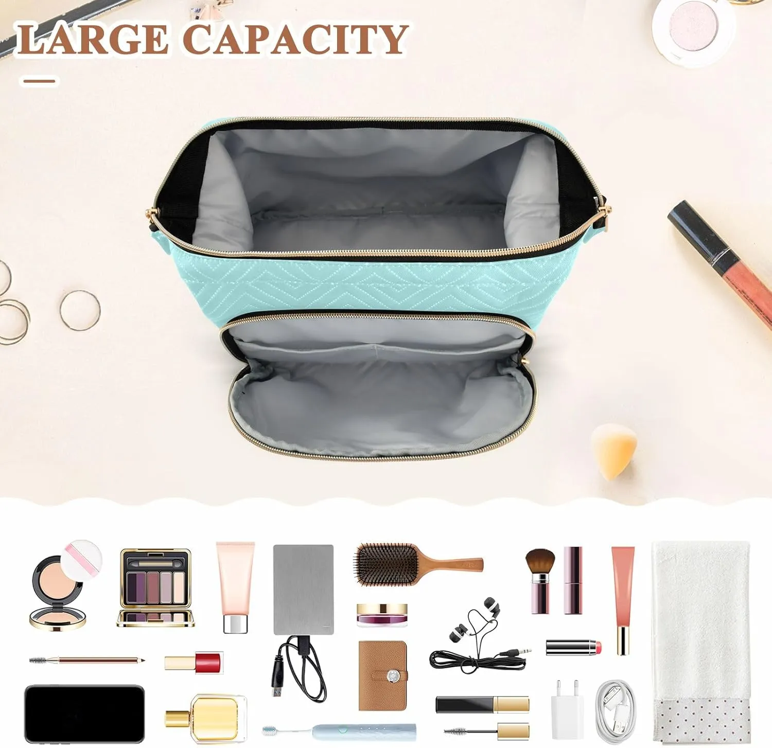 ODAWA Cosmetic Bags Pale Turquoise Travel Cosmetic Organizer Zipper Pouch Roomy Cosmetic Bag for Women and Girls