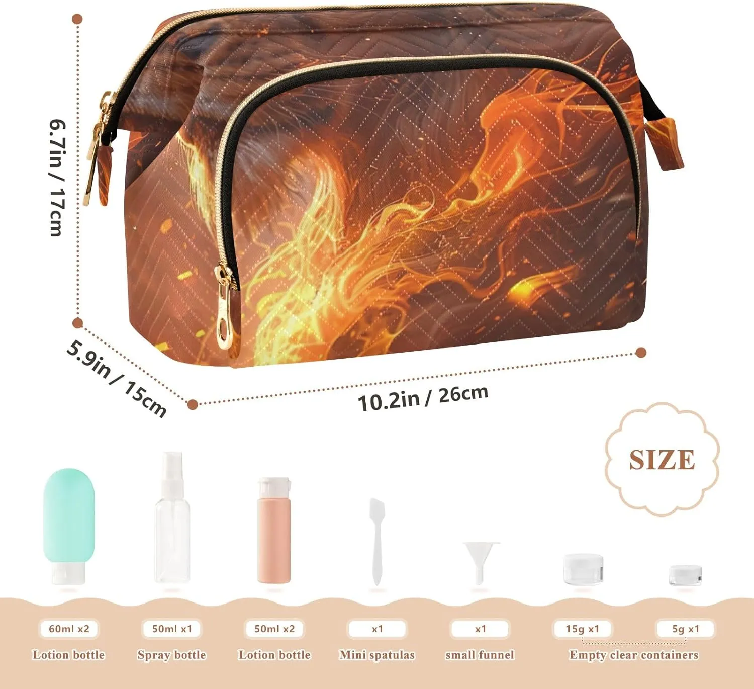 ODAWA Flaming Lion Quilted Cosmetic Bag with 9-Piece Accessory Set, Wide-open Cosmetic Travel Bags Purse for Toiletries Accessories Brushes