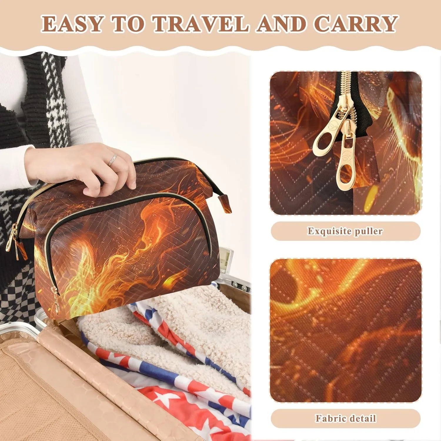 ODAWA Flaming Lion Quilted Cosmetic Bag with 9-Piece Accessory Set, Wide-open Cosmetic Travel Bags Purse for Toiletries Accessories Brushes