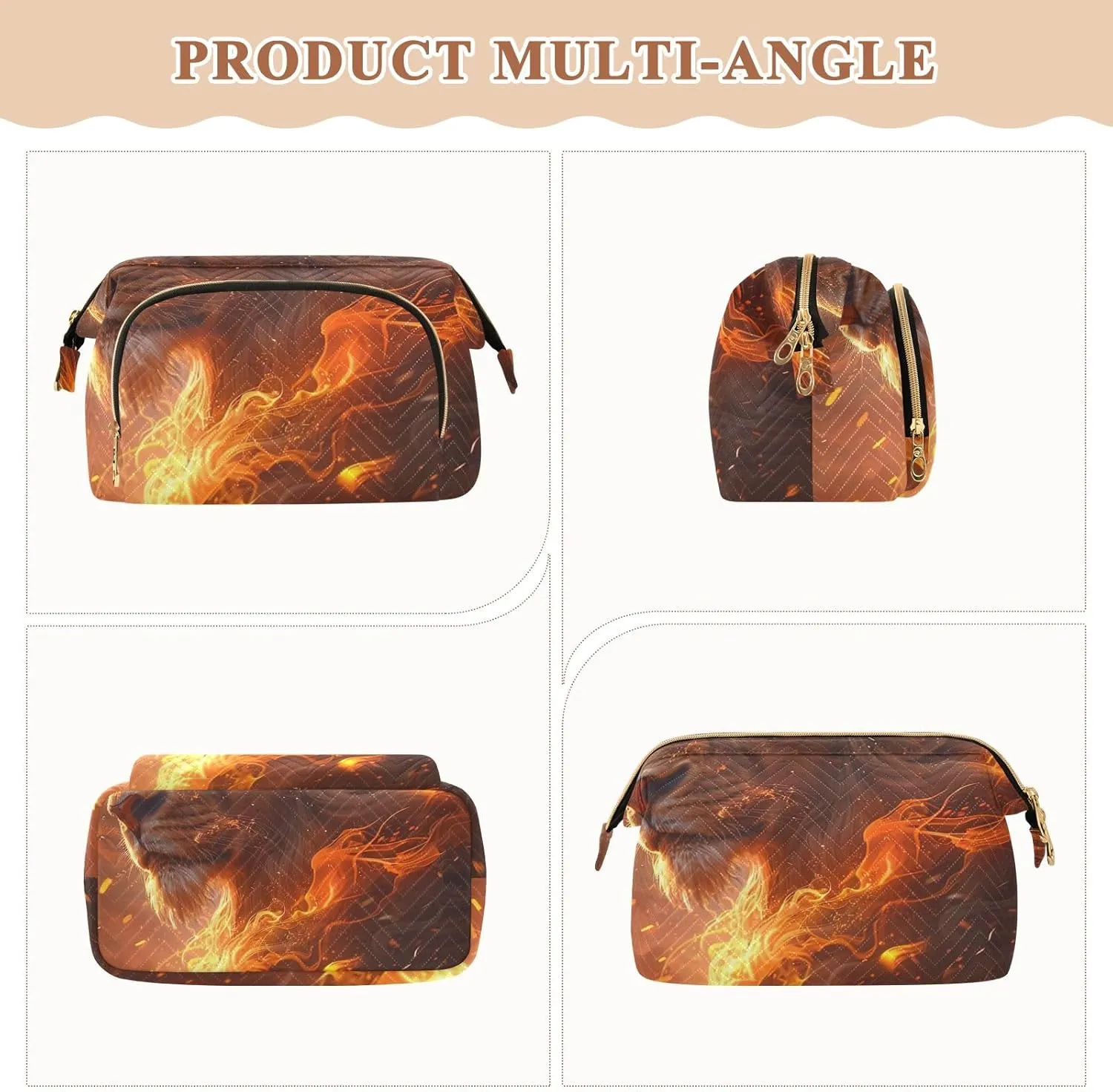 ODAWA Flaming Lion Quilted Cosmetic Bag with 9-Piece Accessory Set, Wide-open Cosmetic Travel Bags Purse for Toiletries Accessories Brushes