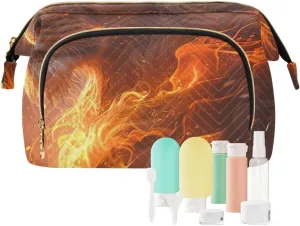 ODAWA Flaming Lion Quilted Cosmetic Bag with 9-Piece Accessory Set, Wide-open Cosmetic Travel Bags Purse for Toiletries Accessories Brushes
