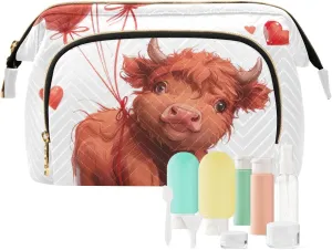 ODAWA Makeup Bags Cow Holding Heart Balloons Travel Cosmetic Organizer Zipper Pouch Purse for Toiletries Accessories Brushes