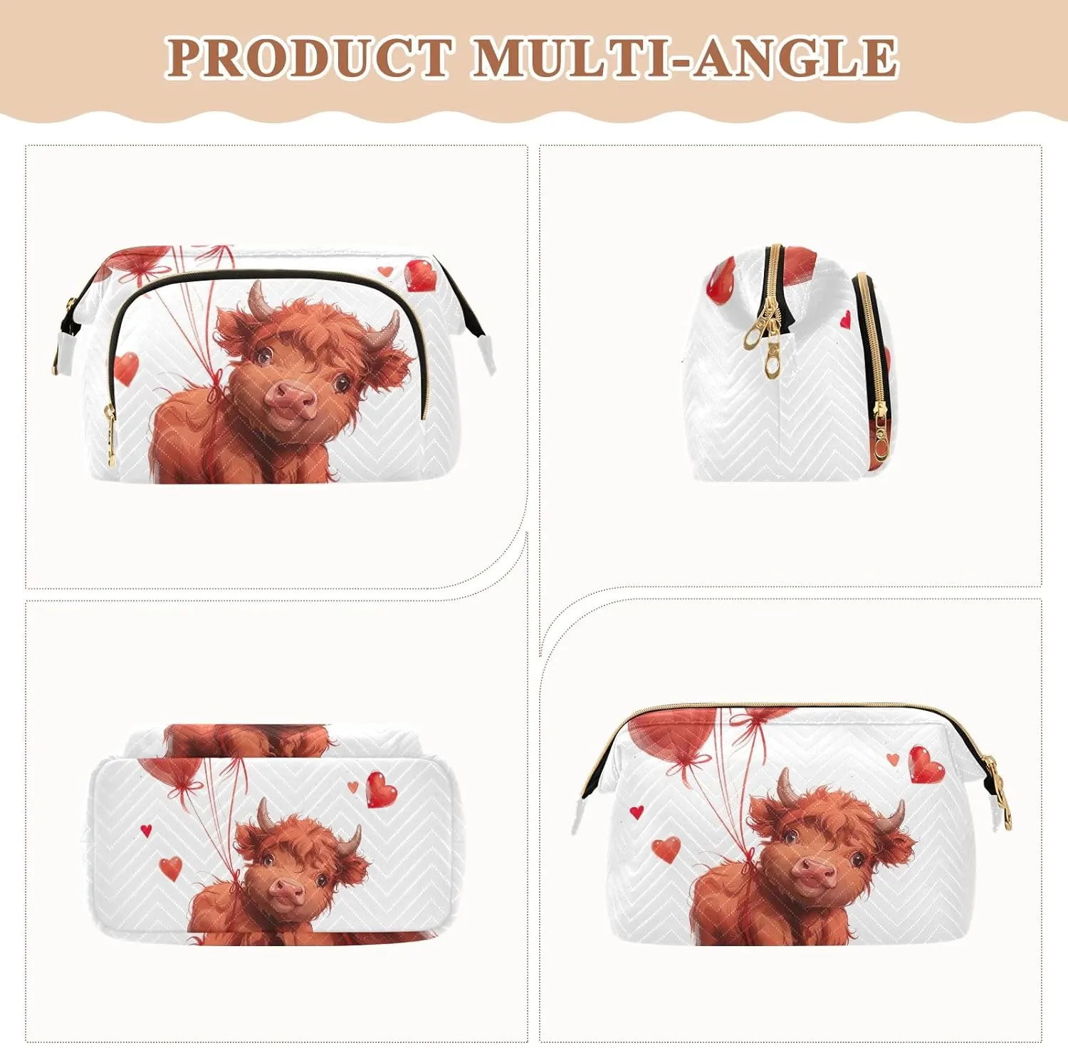 ODAWA Makeup Bags Cow Holding Heart Balloons Travel Cosmetic Organizer Zipper Pouch Purse for Toiletries Accessories Brushes