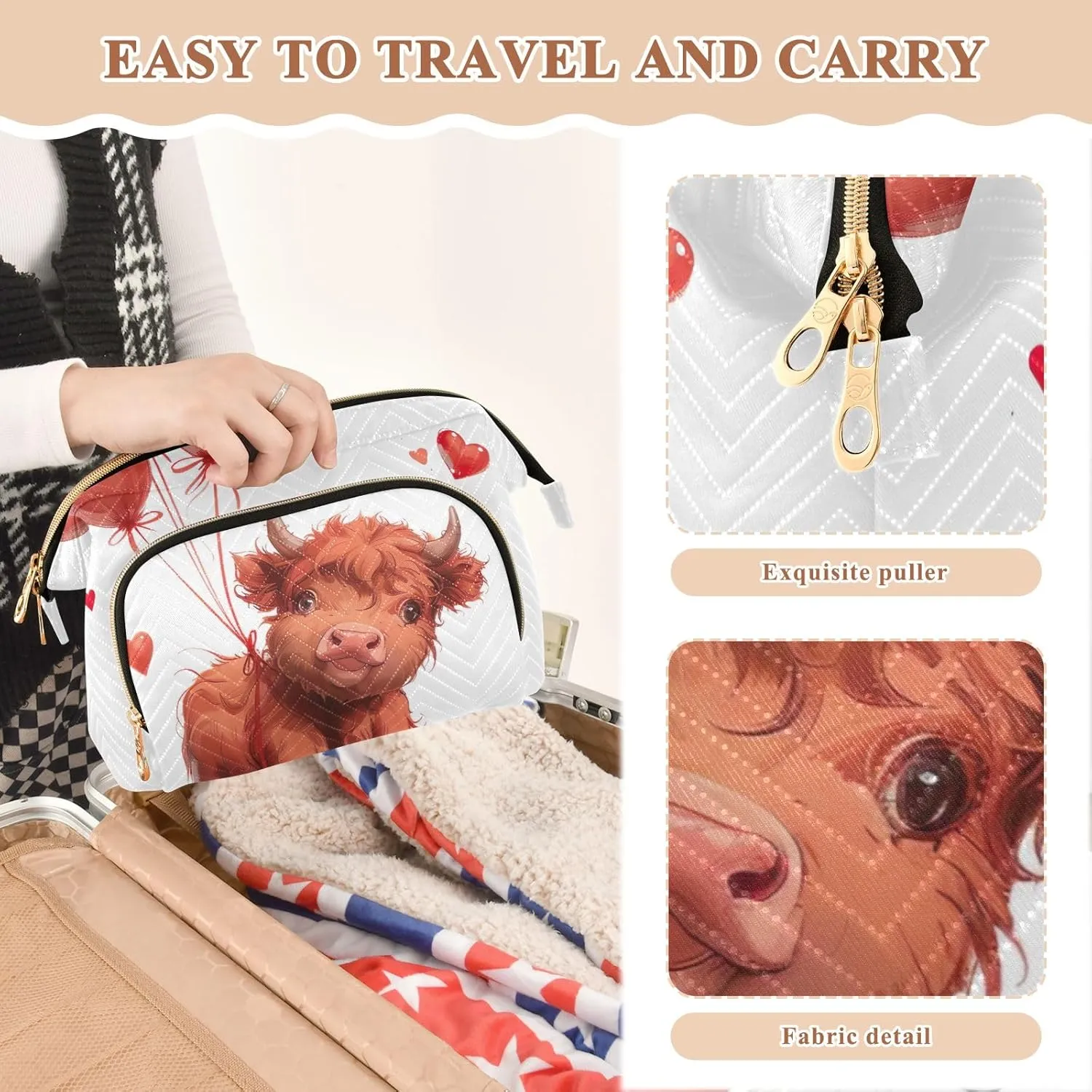 ODAWA Makeup Bags Cow Holding Heart Balloons Travel Cosmetic Organizer Zipper Pouch Purse for Toiletries Accessories Brushes