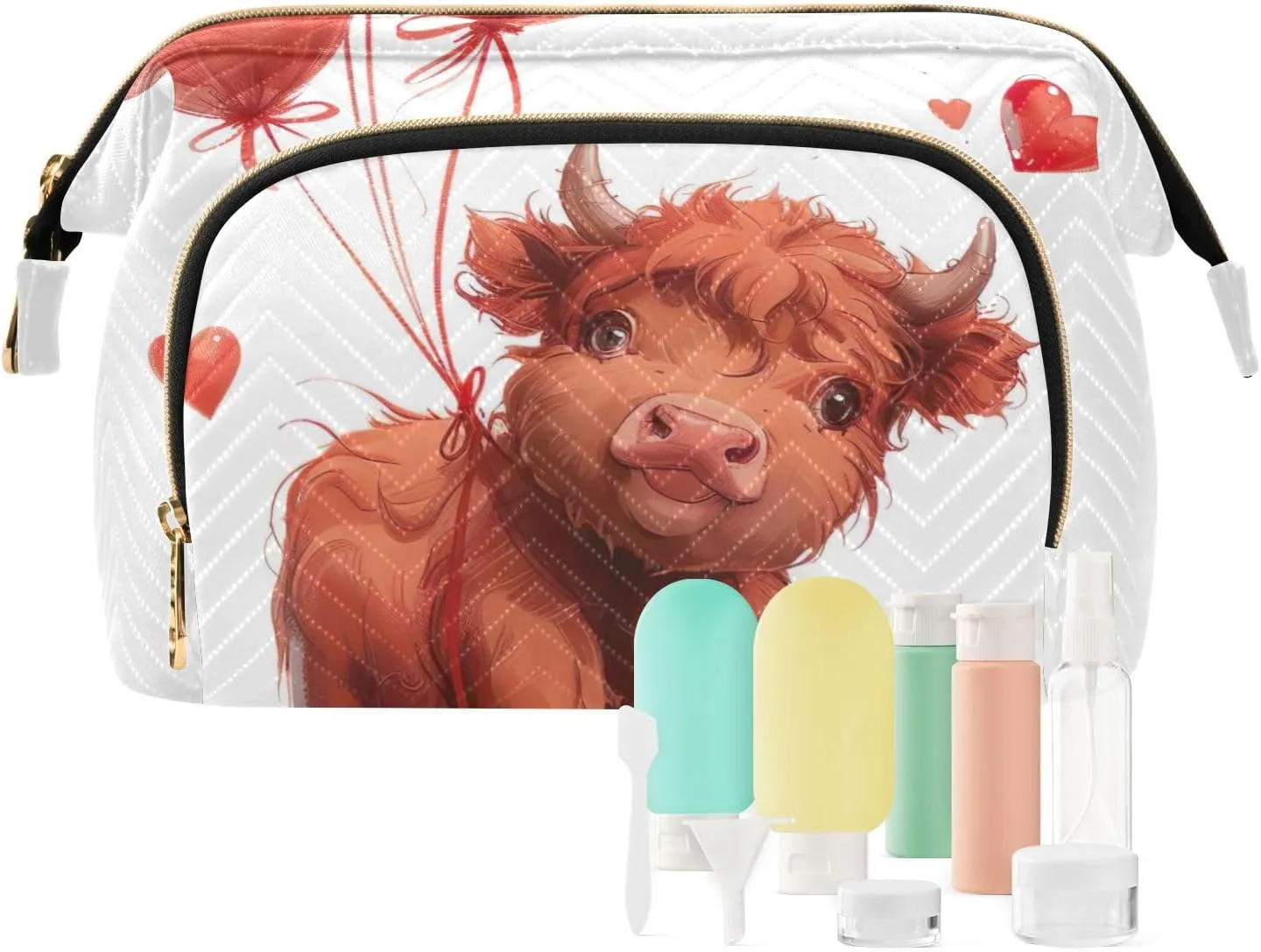 ODAWA Makeup Bags Cow Holding Heart Balloons Travel Cosmetic Organizer Zipper Pouch Purse for Toiletries Accessories Brushes