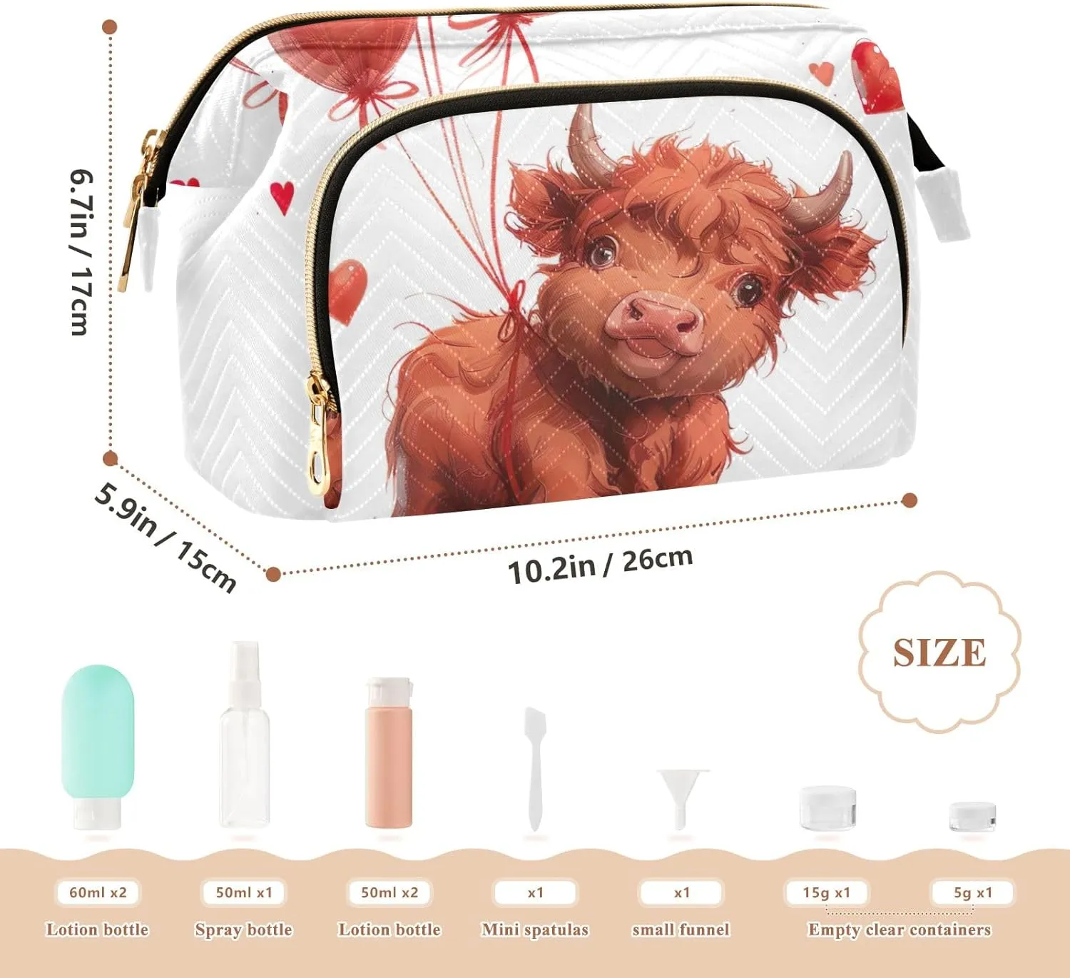 ODAWA Makeup Bags Cow Holding Heart Balloons Travel Cosmetic Organizer Zipper Pouch Purse for Toiletries Accessories Brushes