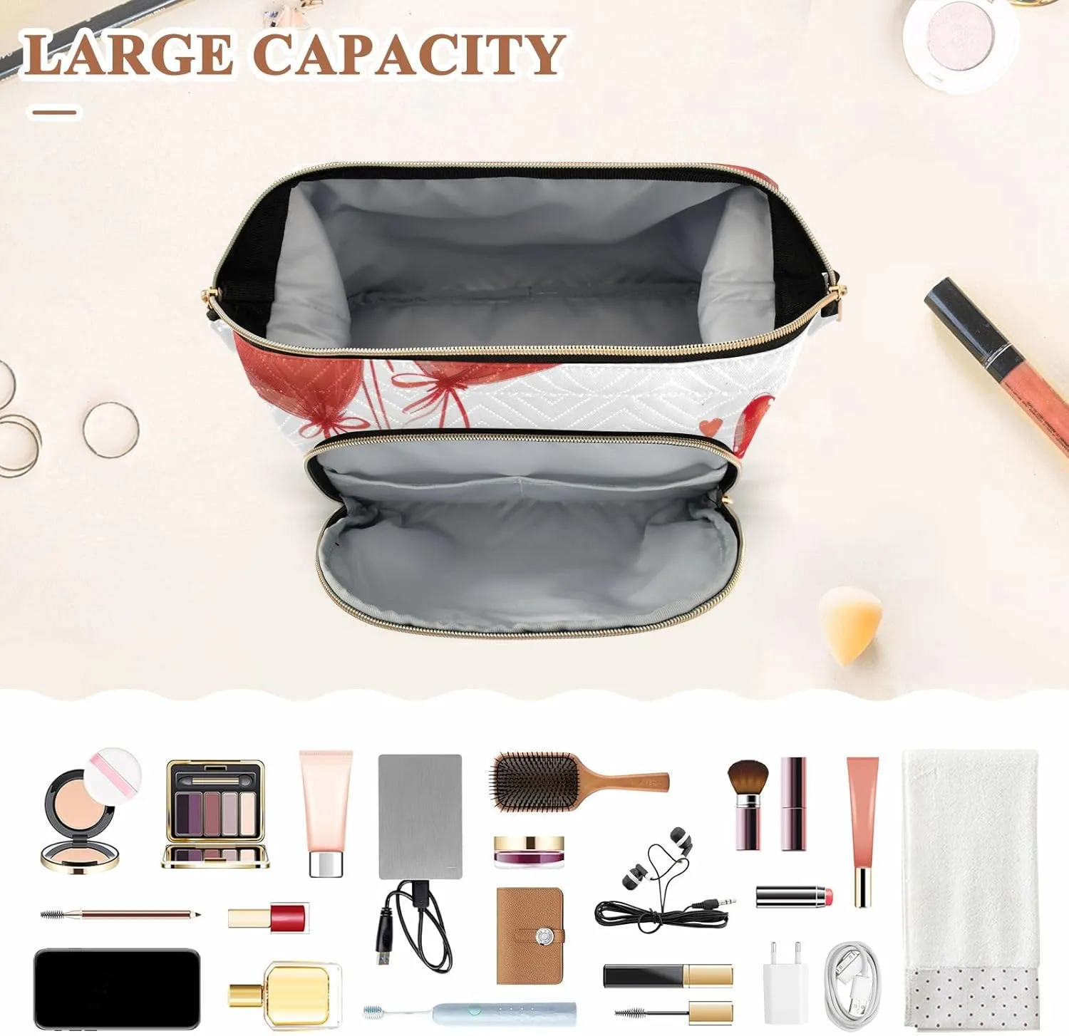 ODAWA Makeup Bags Cow Holding Heart Balloons Travel Cosmetic Organizer Zipper Pouch Purse for Toiletries Accessories Brushes