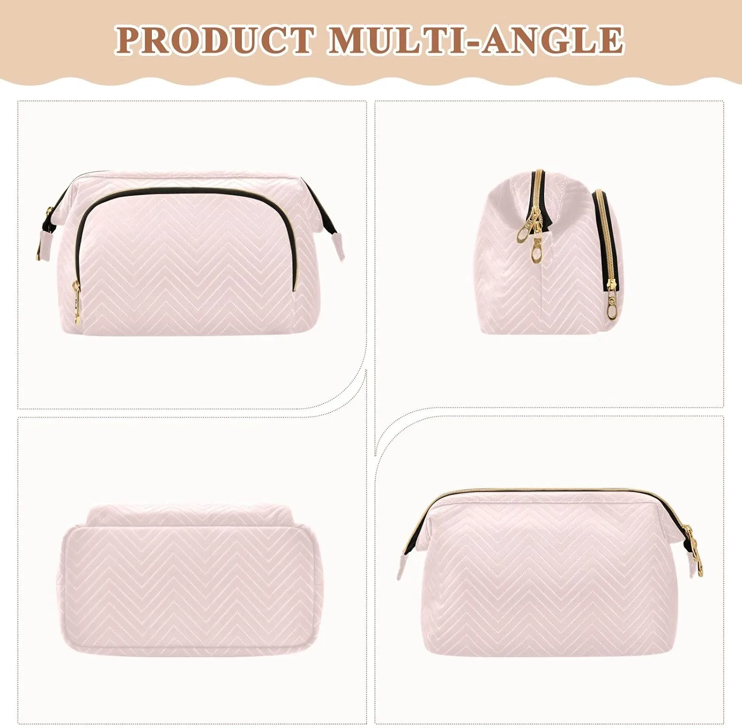 ODAWA Quilted Makeup Bag with 9-Piece Accessory Set, Misty Rose Travel Cosmetic Organizer Toiletry Bag Toiletry Bag for Cosmetics Toiletries Accessories