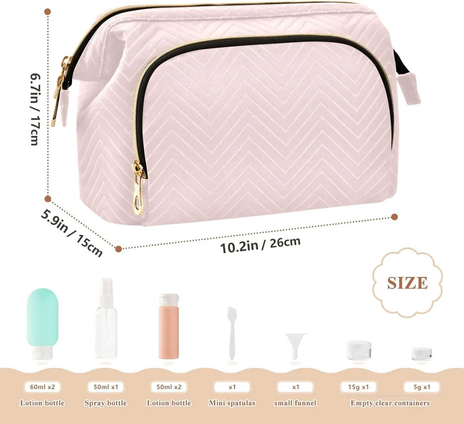 ODAWA Quilted Makeup Bag with 9-Piece Accessory Set, Misty Rose Travel Cosmetic Organizer Toiletry Bag Toiletry Bag for Cosmetics Toiletries Accessories