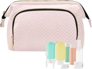 ODAWA Quilted Makeup Bag with 9-Piece Accessory Set, Misty Rose Travel Cosmetic Organizer Toiletry Bag Toiletry Bag for Cosmetics Toiletries Accessories