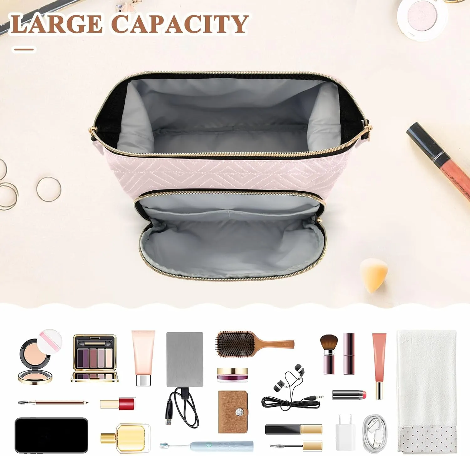 ODAWA Quilted Makeup Bag with 9-Piece Accessory Set, Misty Rose Travel Cosmetic Organizer Toiletry Bag Toiletry Bag for Cosmetics Toiletries Accessories